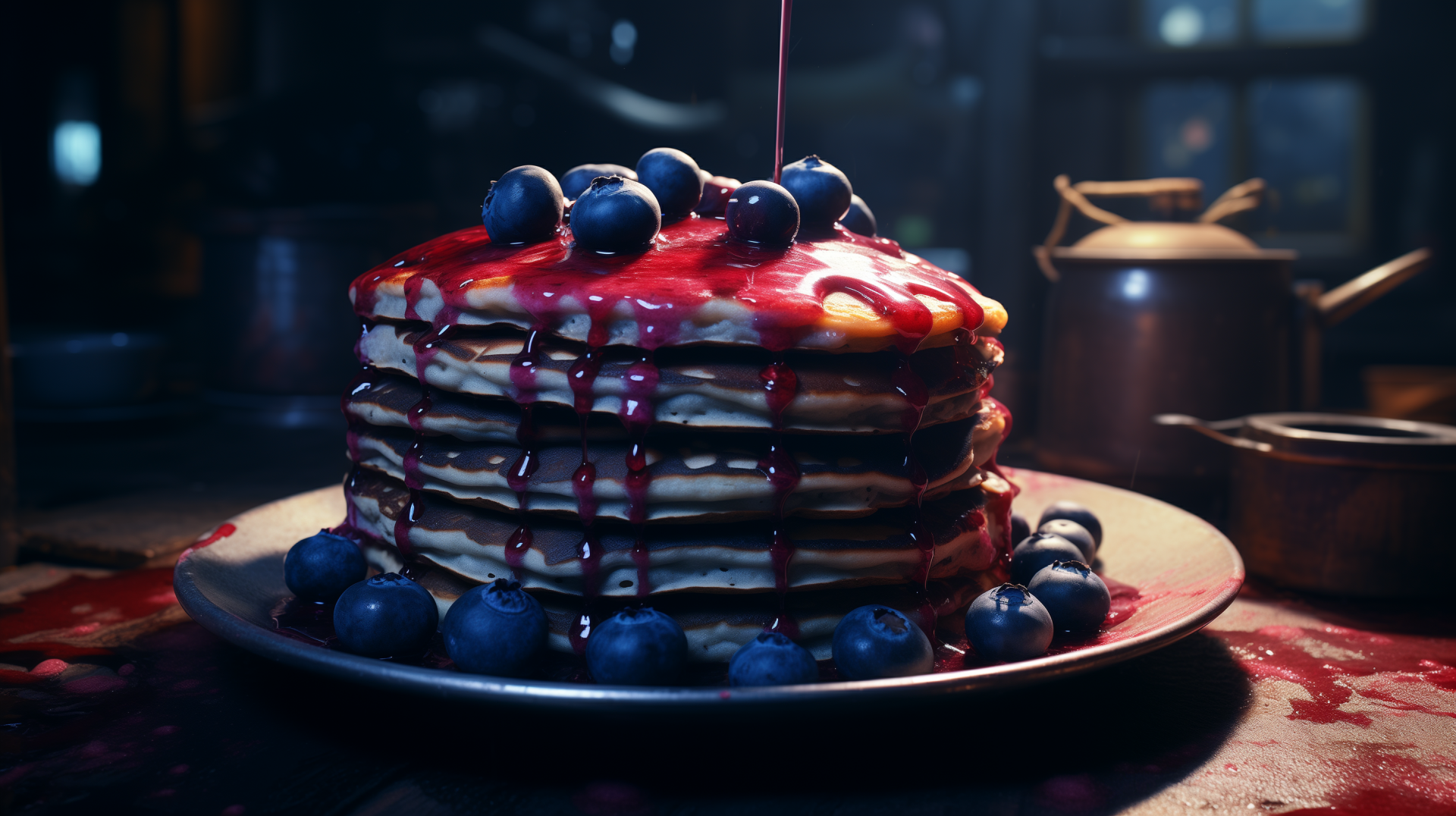 A delicious stack of blueberry pancakes drizzled with syrup and topped with fresh blueberries, presented as a striking HD desktop wallpaper.