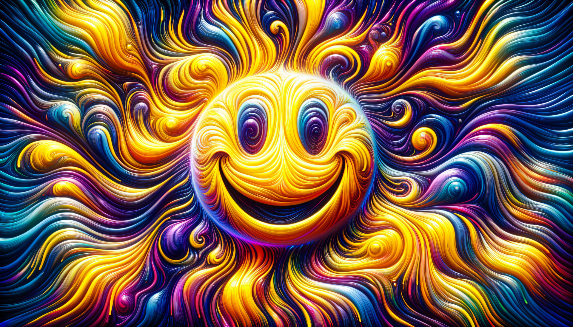 A vibrant yellow smiley face surrounded by swirling, colorful patterns creates a joyful and dynamic HD desktop wallpaper and background.