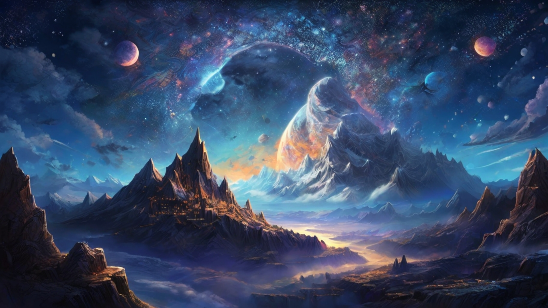 HD desktop wallpaper featuring a surreal mountain landscape under a starry night sky with planets and cosmic elements in space.