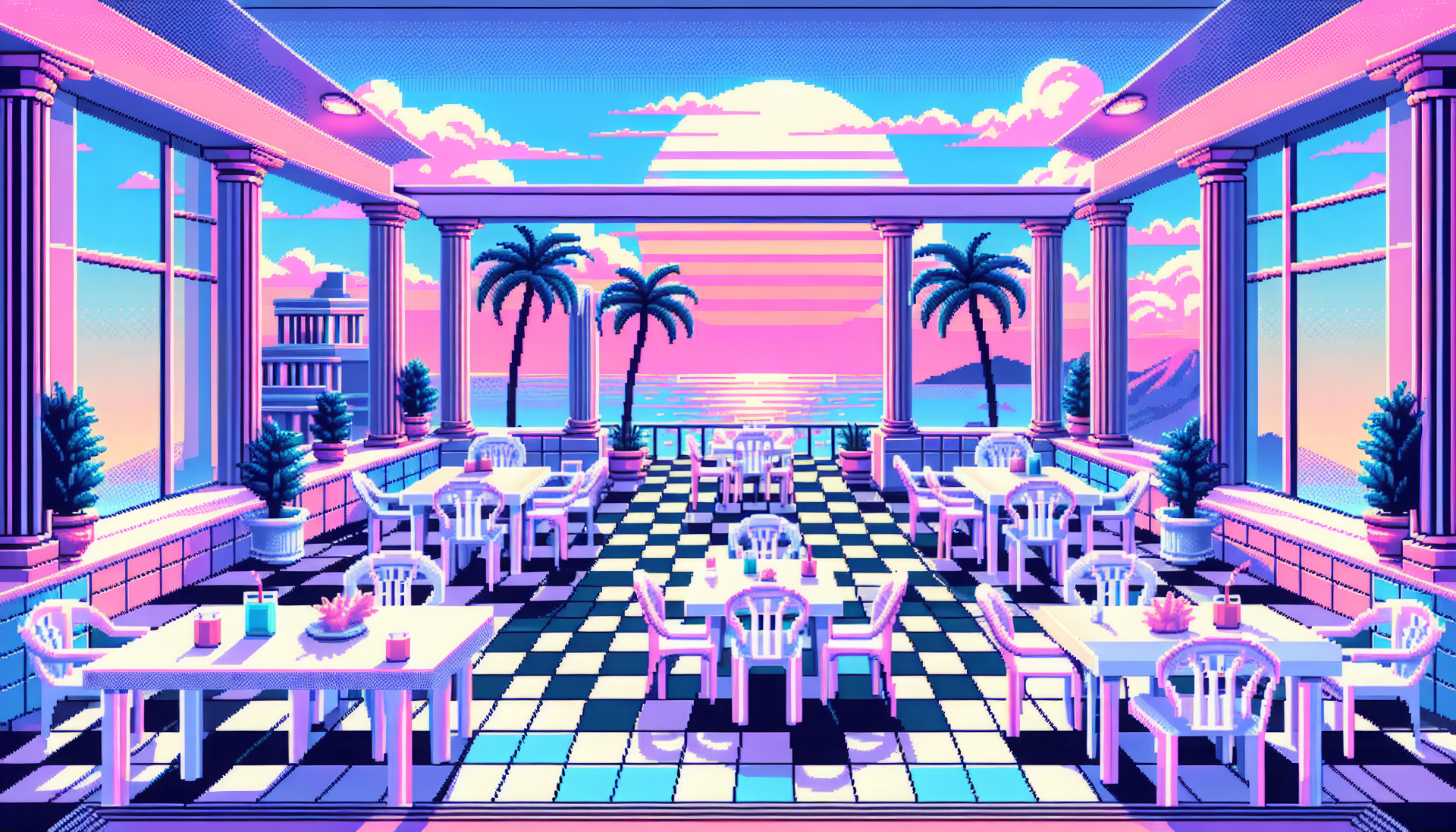Pixel art illustration of a retro patio at sunset as an HD wallpaper with pink and blue hues, black and white checkered floor, palm trees, and ocean view for desktop background.