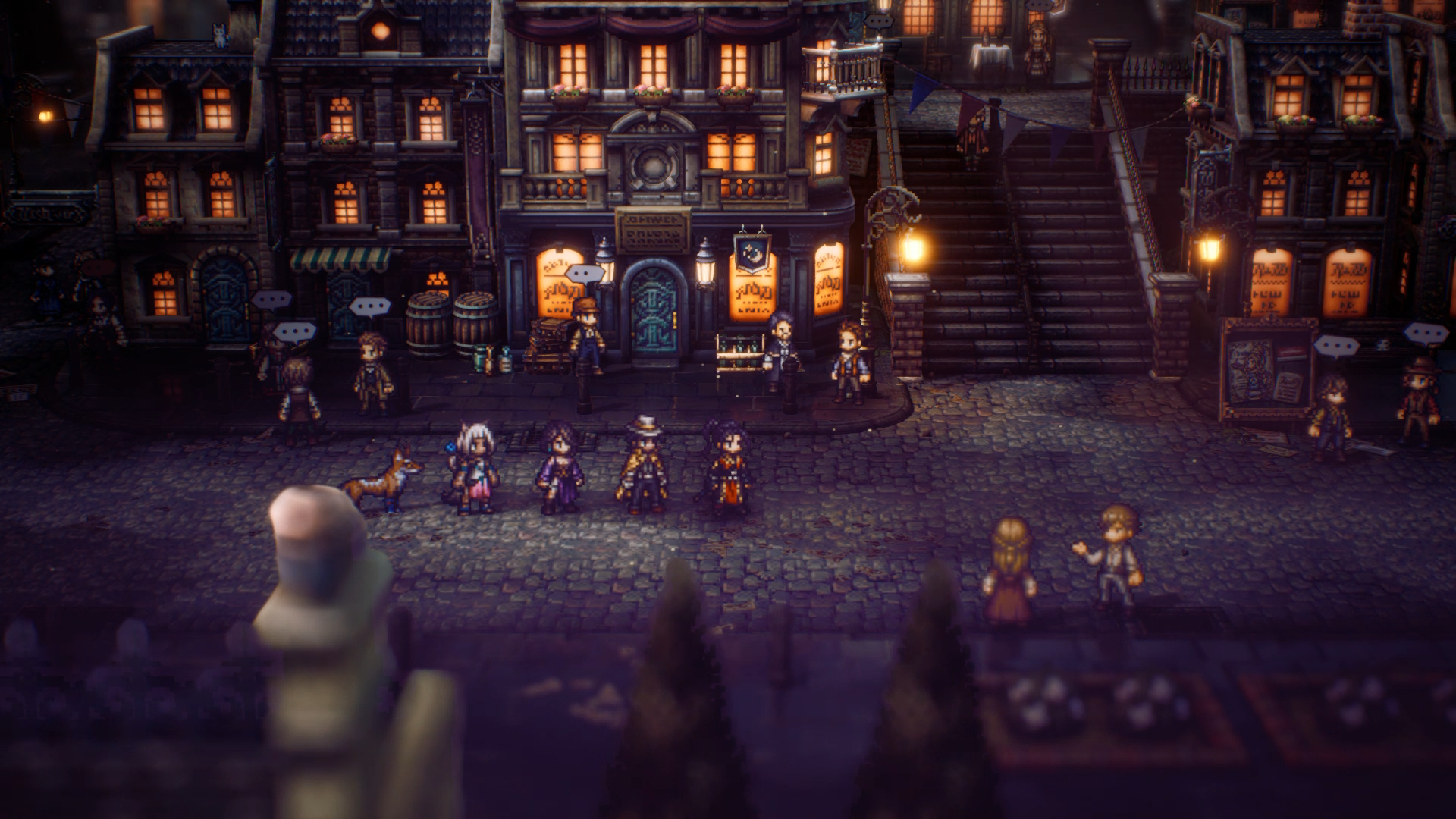 HD wallpaper featuring a scene from Octopath Traveler II with characters gathered in a bustling, dimly lit fantasy village square.