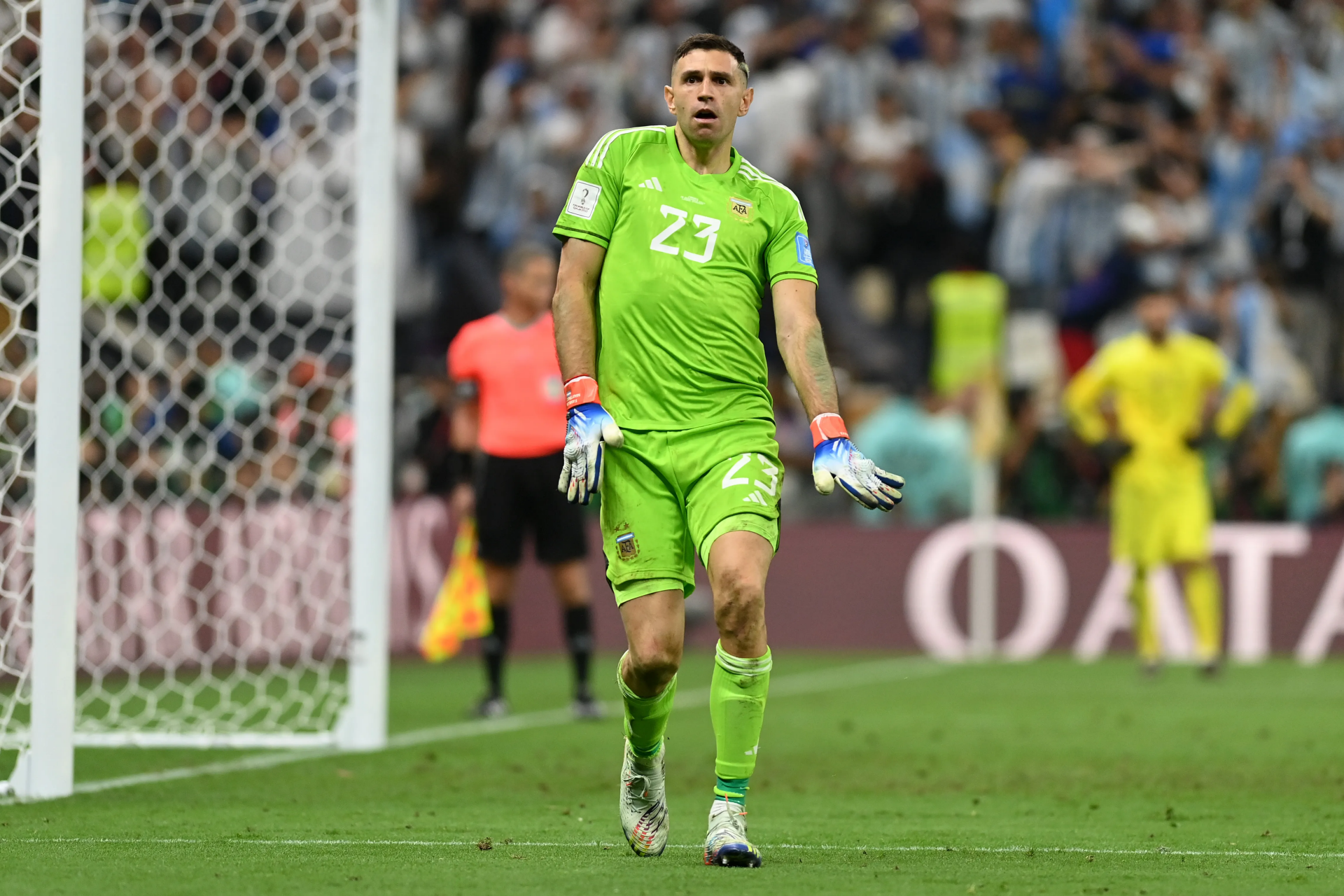 Argentina National Football Team goalkeeper in action on the soccer field, offering a high-definition desktop wallpaper background.
