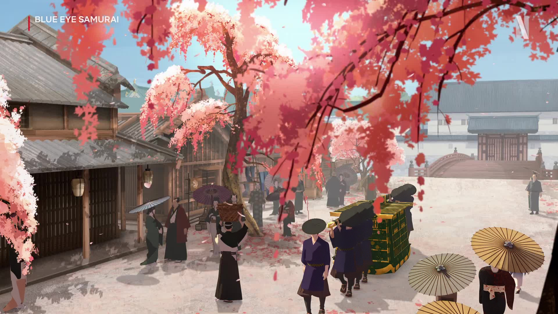 HD anime wallpaper depicting a blue-eyed samurai in a bustling village with vibrant pink cherry blossoms.