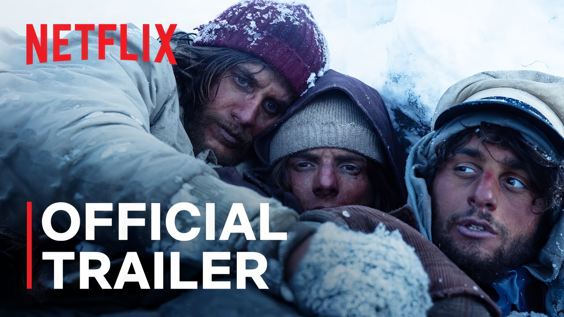 Society of the Snow Netflix Official Trailer HD Wallpaper featuring intense, snow-covered survival scene.
