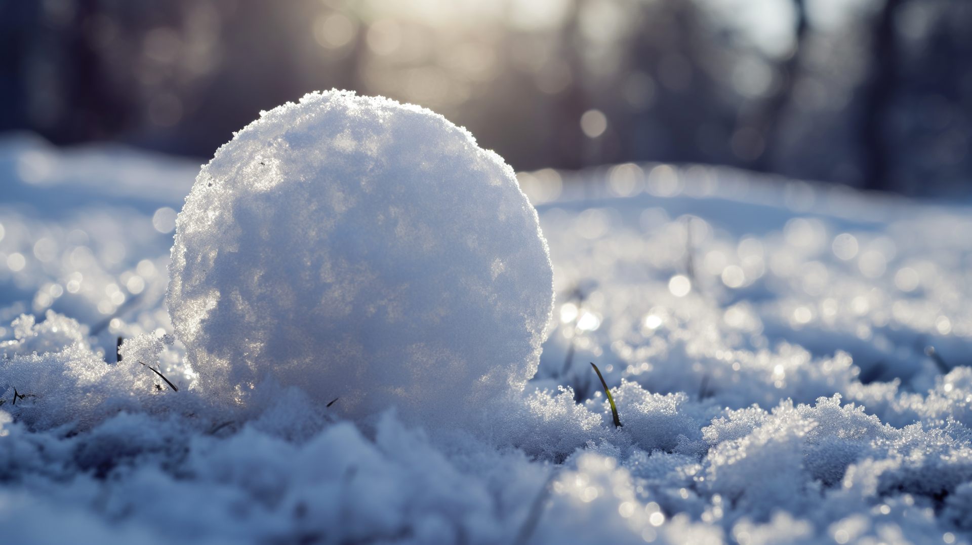 A close-up view of a snowball resting on glistening snow, capturing the serene beauty of winter. This HD desktop wallpaper showcases a tranquil snowy landscape.
