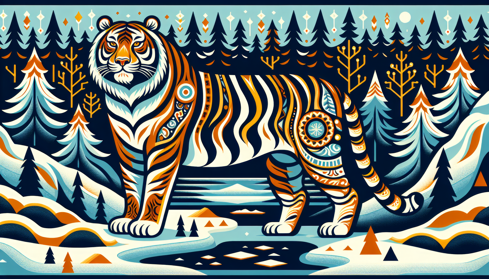 A stylized HD wallpaper featuring a Siberian tiger in a vibrant, patterned forest landscape.