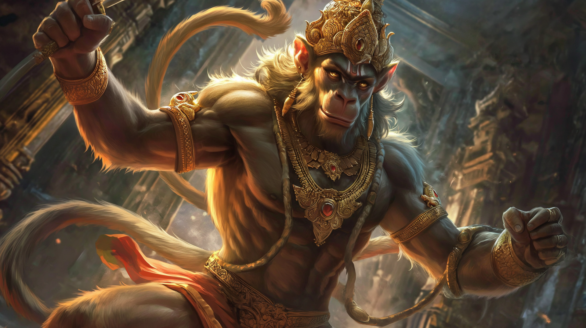 HD wallpaper depicting Lord Hanuman, with a fierce expression, adorned in golden jewelry against a dramatic backdrop.