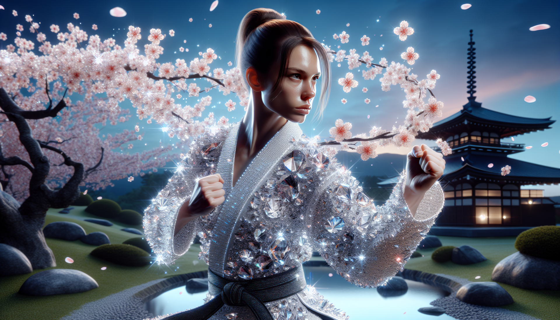 Sakura Kasugano inspired HD wallpaper featuring a martial artist in a traditional dojo with cherry blossoms.