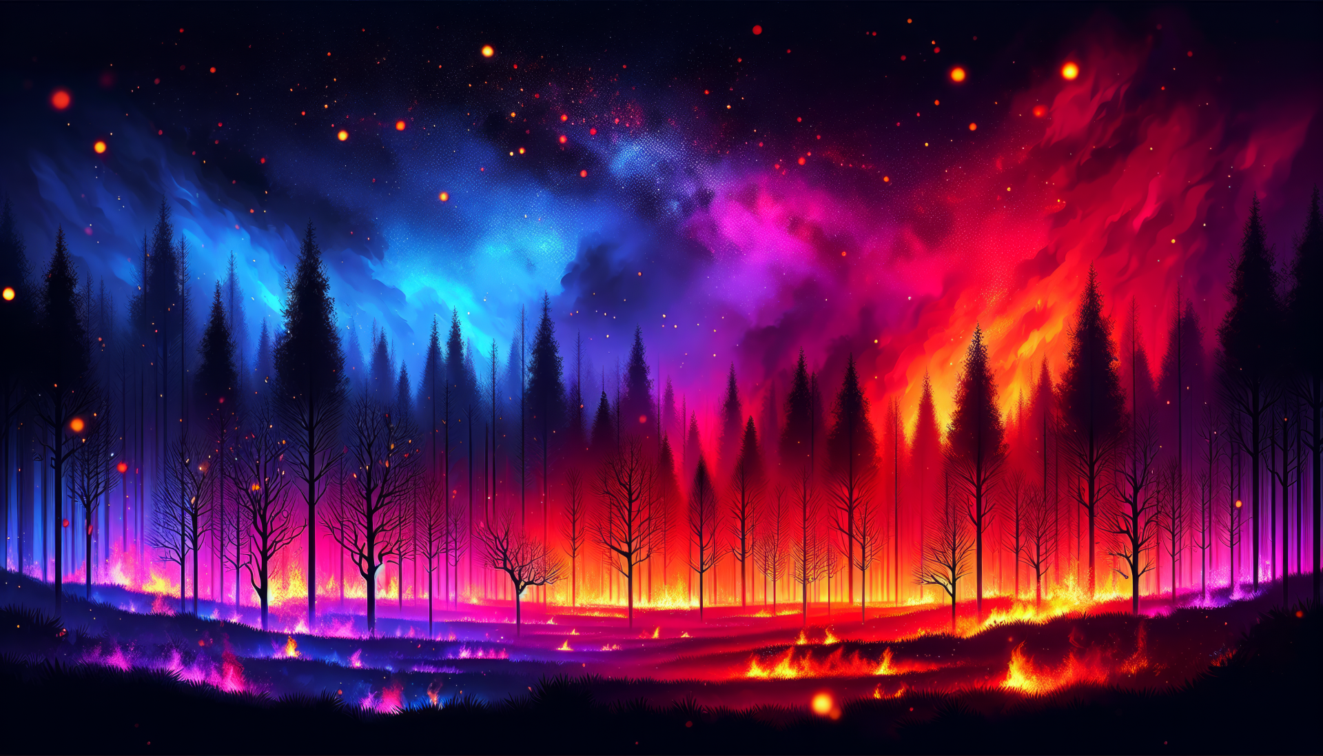 HD wallpaper of a vivid wildfire illustration in a forest with a starry night sky background.