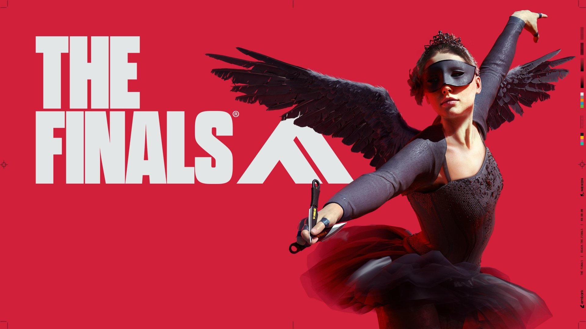 HD PC desktop wallpaper/background for the video game The Finals: masked black-winged ballerina in tutu strikes a dynamic pose with handgun against a bold red backdrop and The Finals logo.