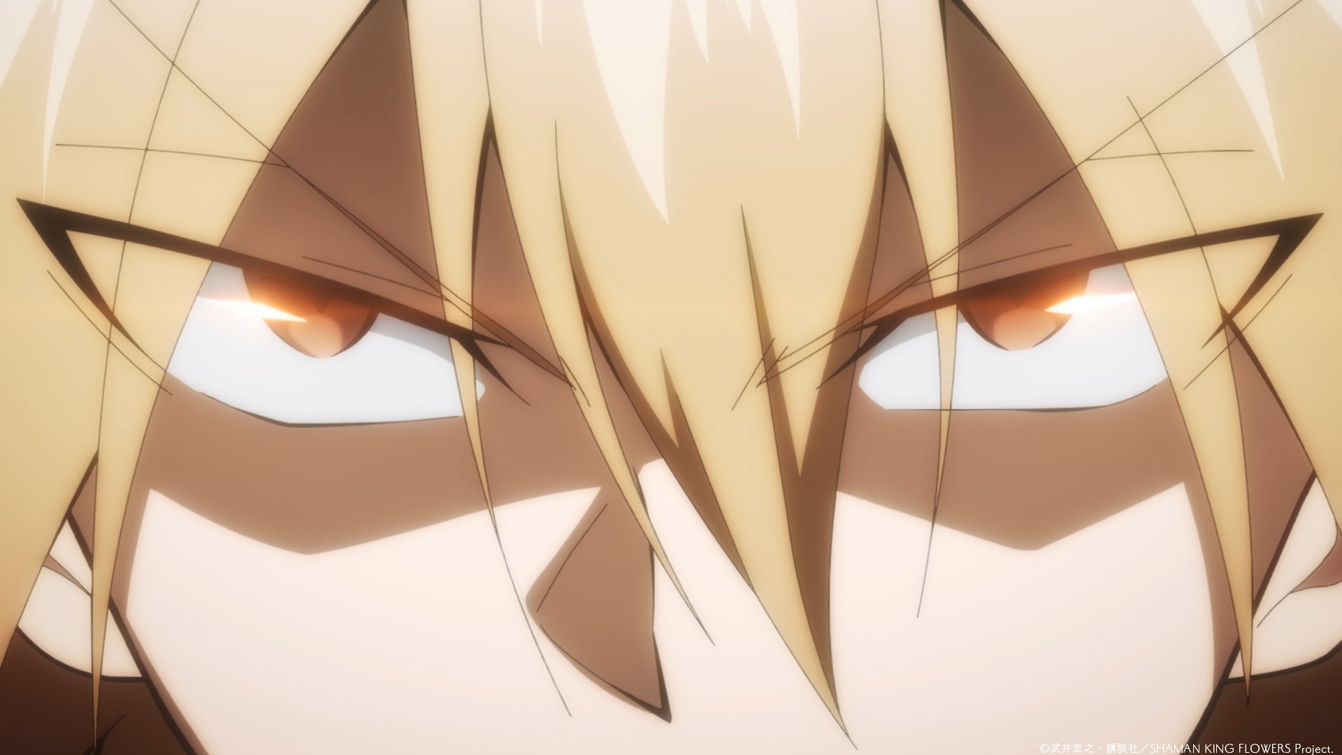 Close-up of a determined character from Shaman King, featuring intense eyes and blonde hair. This high-definition image serves as a striking desktop wallpaper.