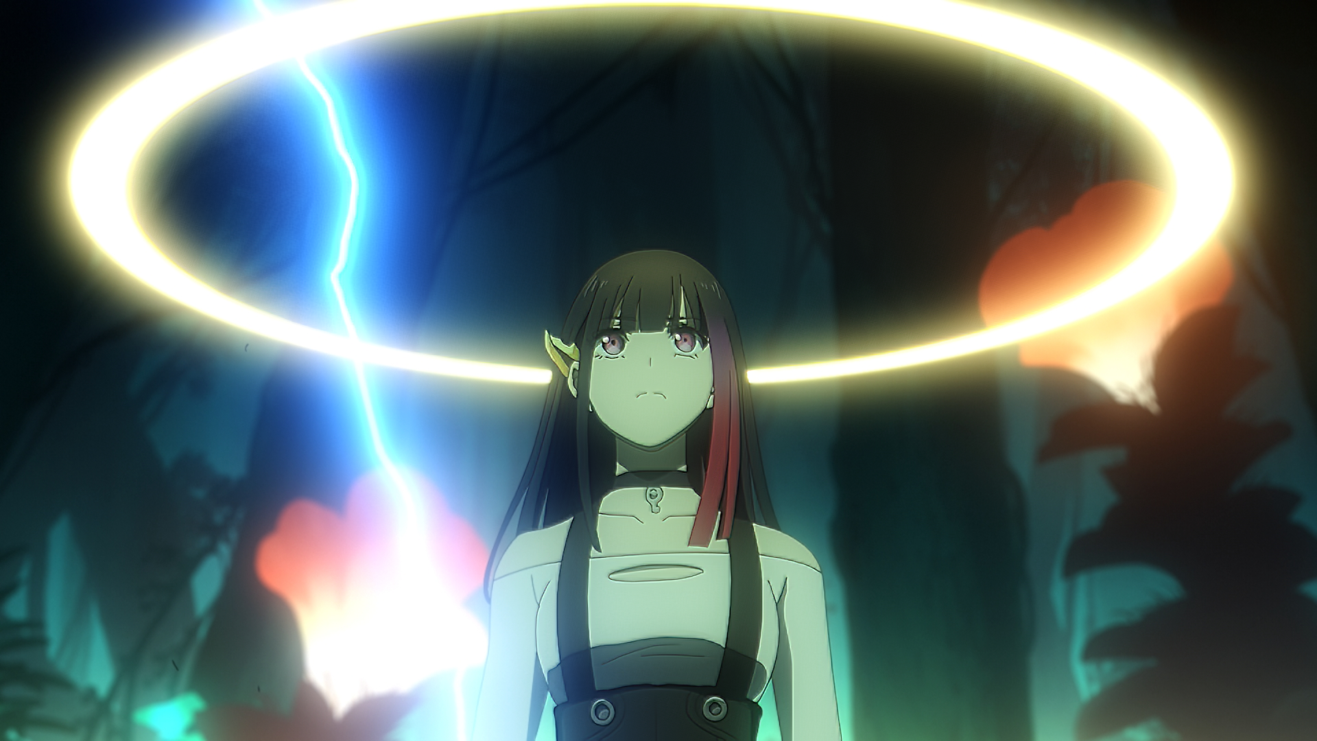 Anime girl with green hair standing under a glowing ring in a dark forest setting, Metallic Rouge HD desktop wallpaper.