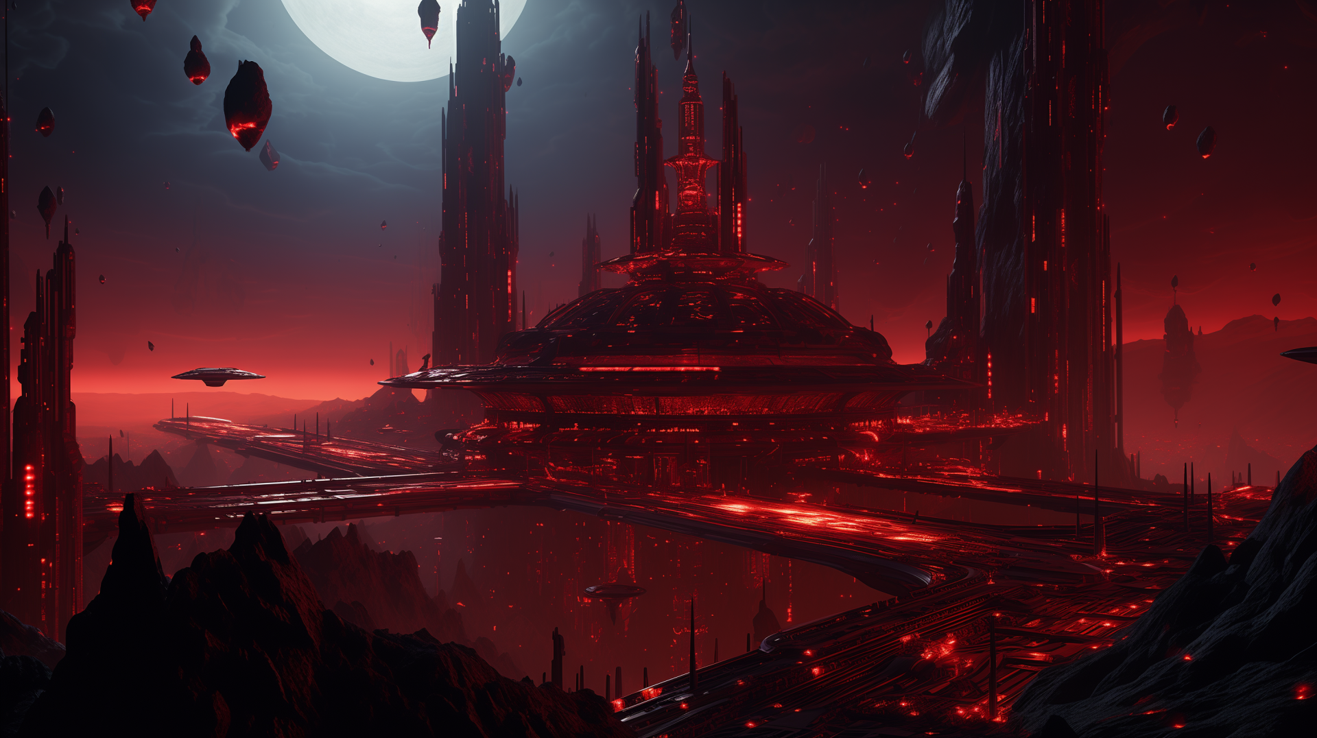 HD desktop wallpaper featuring a science fiction space opera scene with futuristic architecture on an alien planet, bathed in a red glow under a large moon.