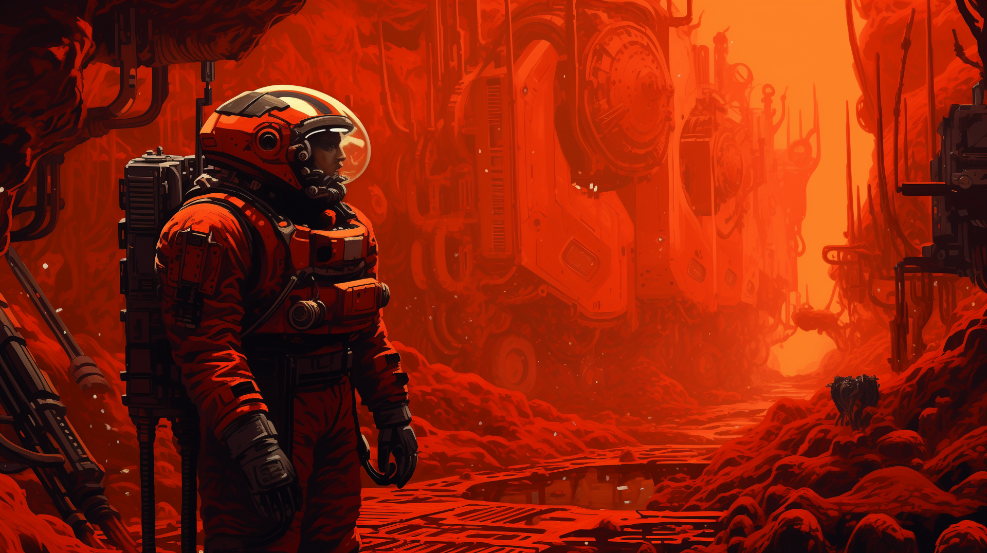 HD desktop wallpaper featuring an astronaut in a detailed sci-fi space opera setting, with a vivid red and orange alien landscape.