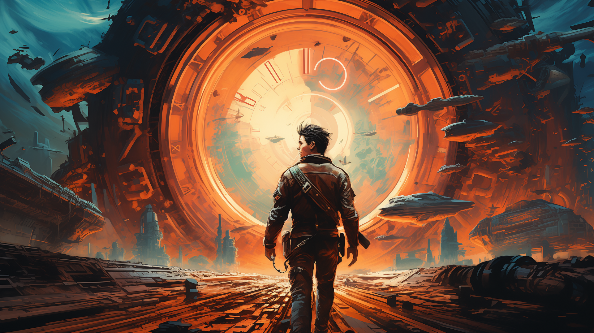 HD wallpaper of a person facing a large, futuristic time travel portal in a science fiction landscape.