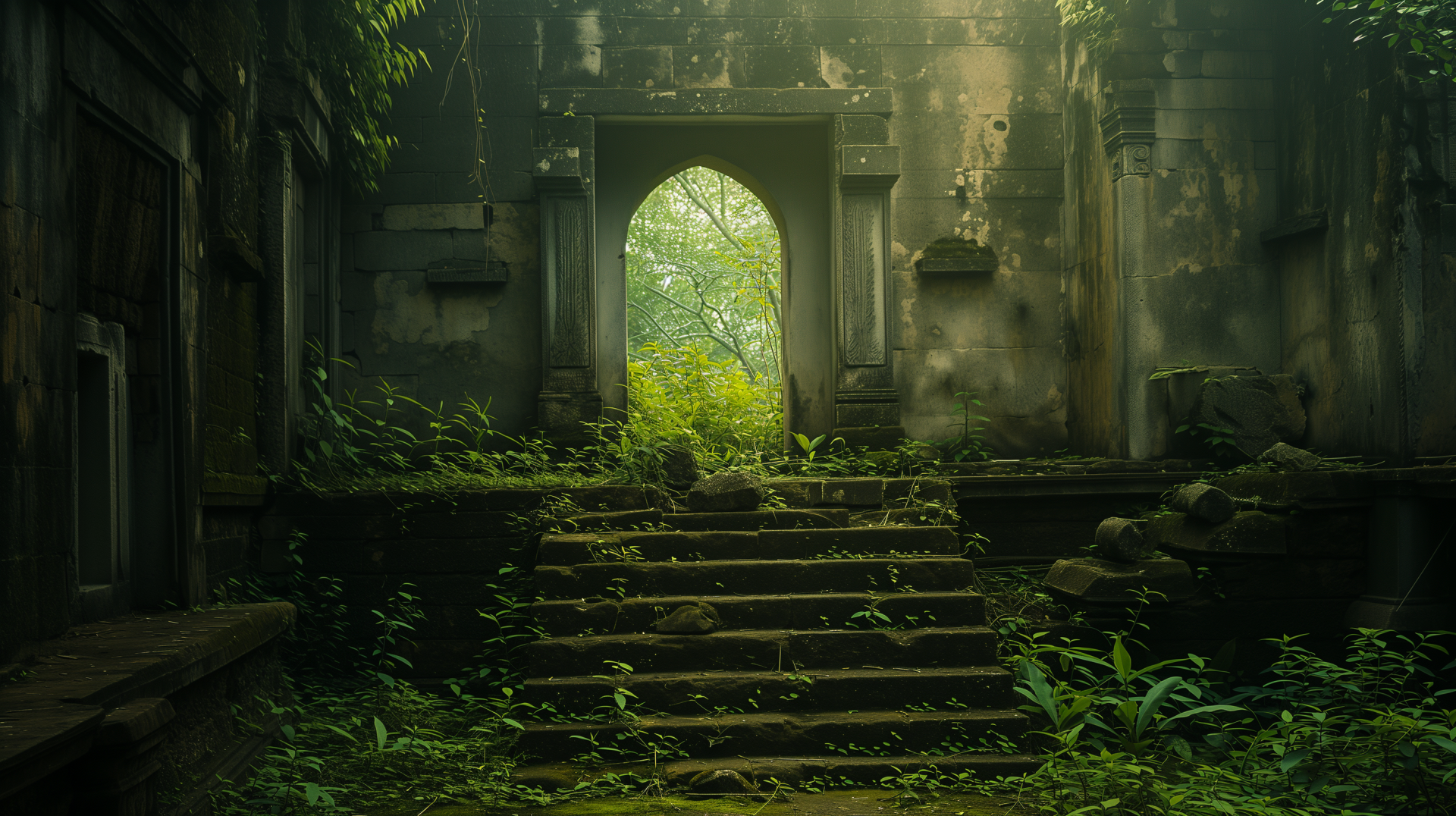 HD wallpaper of a serene ancient ruin overgrown with greenery, featuring moss-covered stairs leading to an arched doorway.