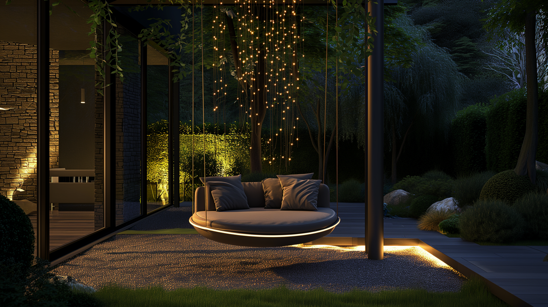 HD wallpaper featuring a cozy patio swing under twinkling lights at night, creating a tranquil outdoor setting.