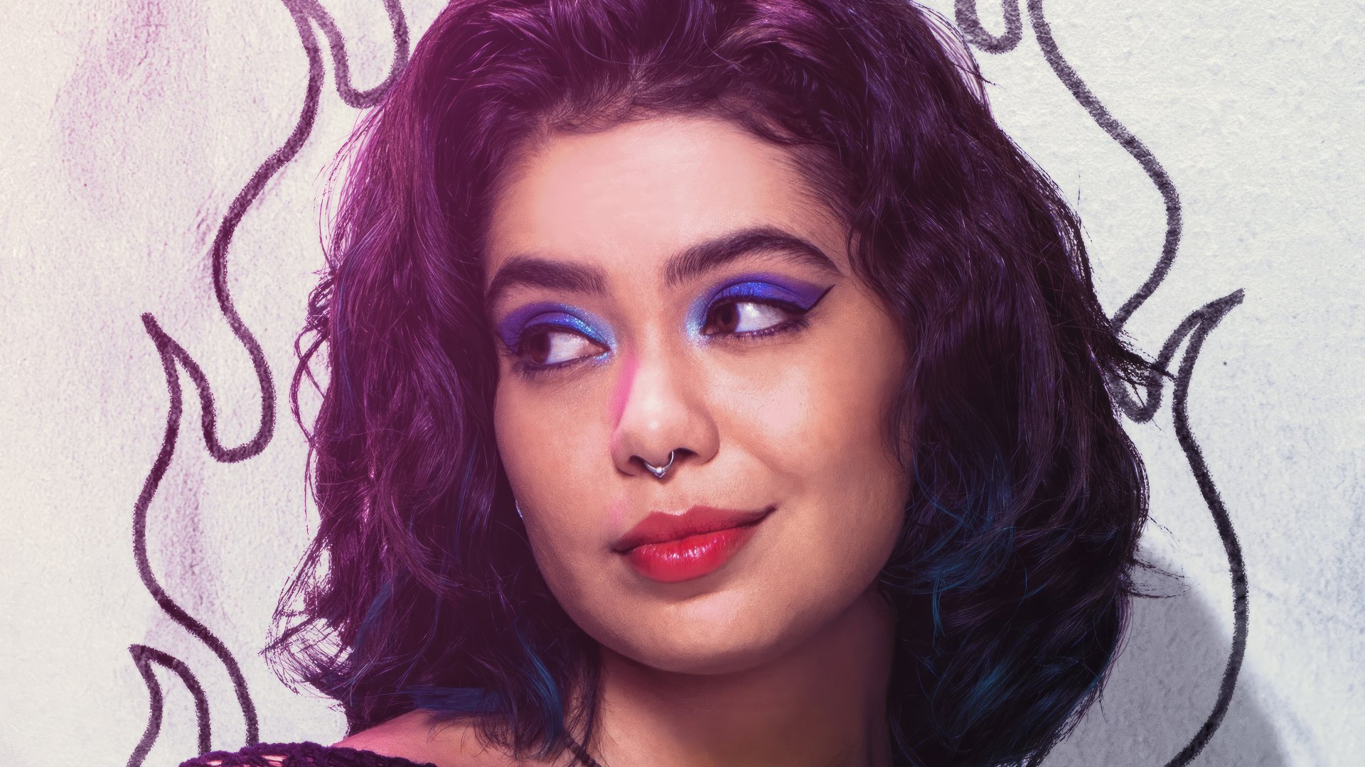 Mean Girls 2024 movie inspired HD desktop wallpaper featuring a confident woman with vibrant purple hair and bold makeup against a stylized background.