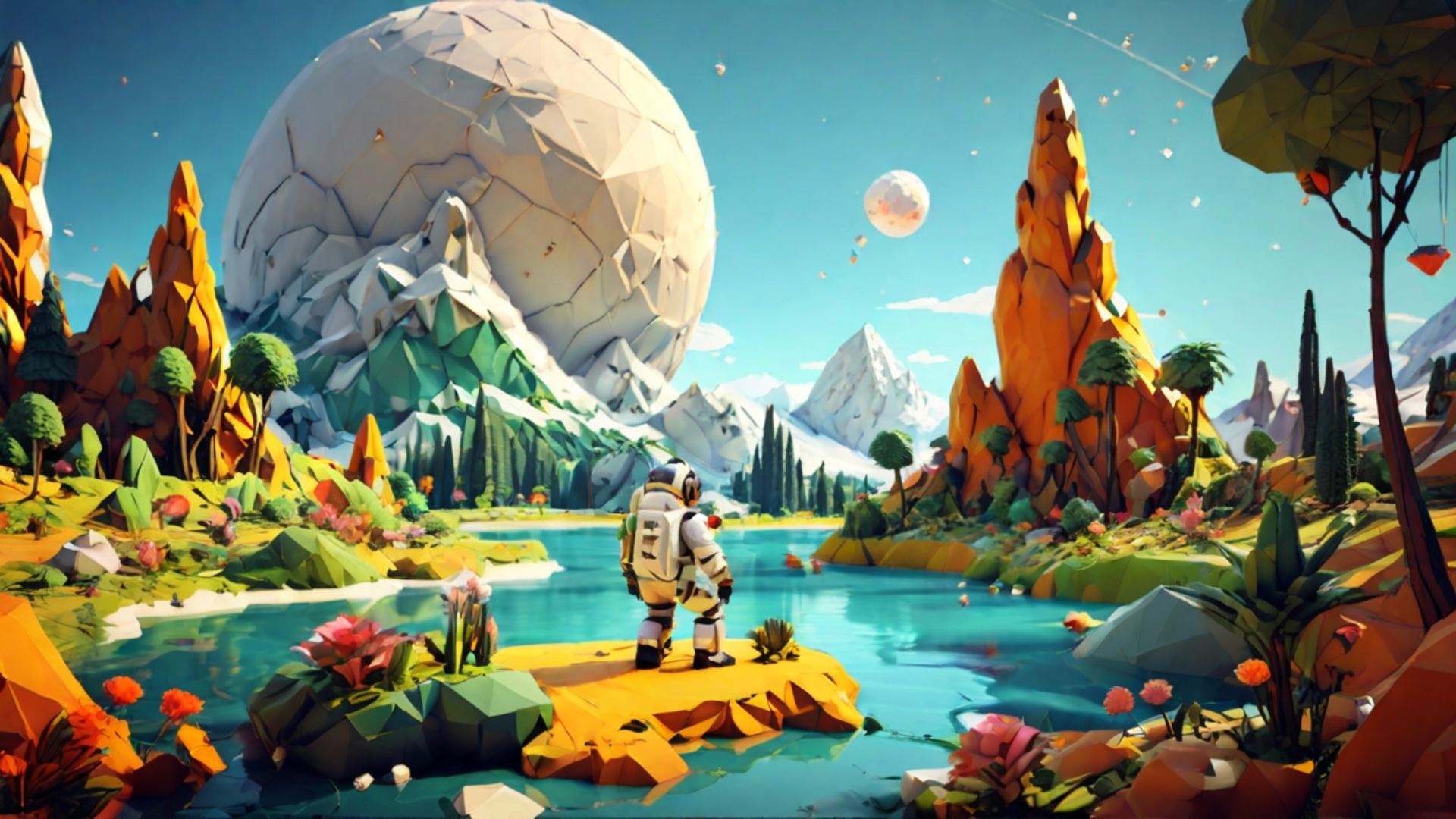 HD desktop wallpaper depicting an astronaut on an alien planet with polygonal landscapes, vibrant flora, a serene lake, and a large planet looming in the sky.