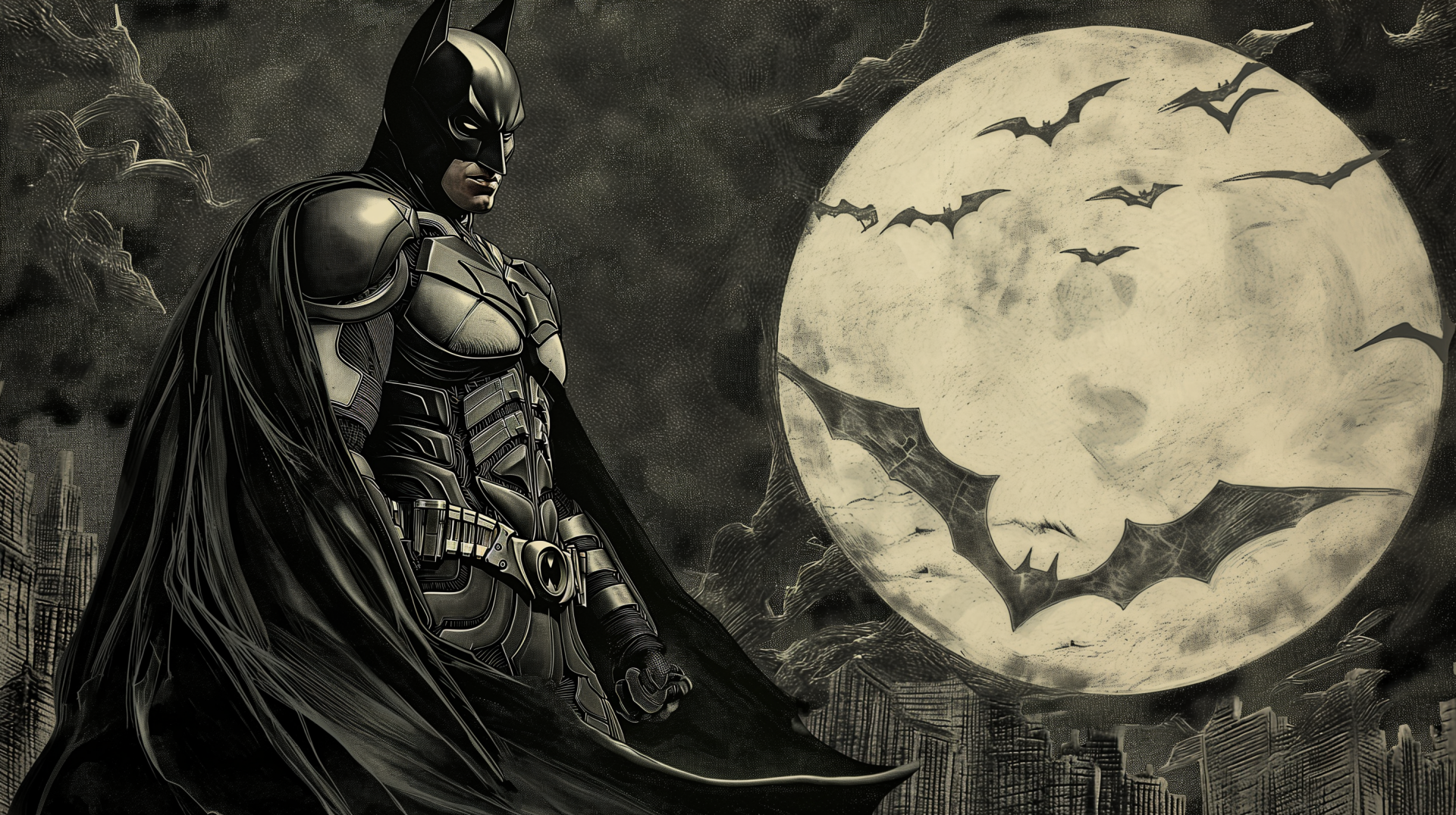 HD desktop wallpaper featuring Batman with a backdrop of a city skyline and a full moon with bats in the background.