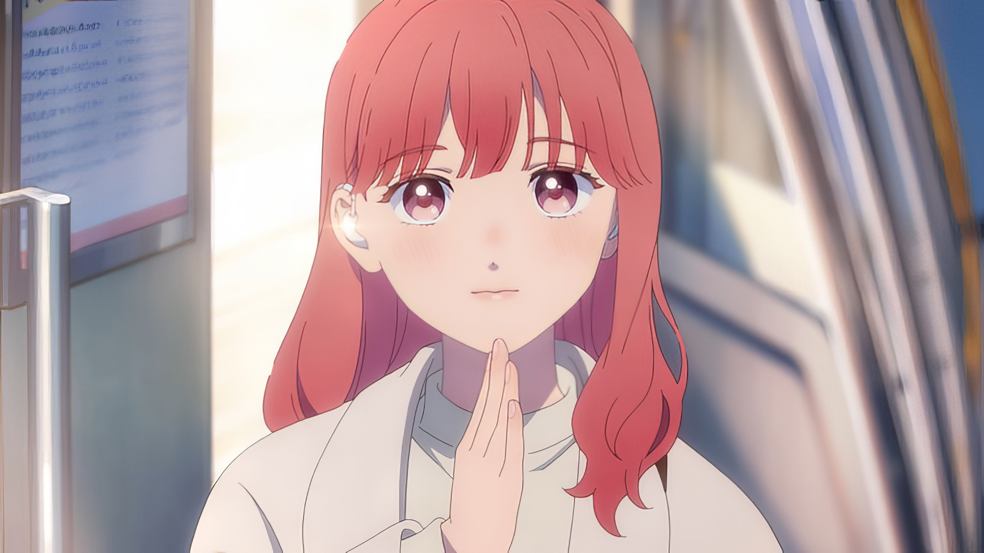 Anime girl expressing affection with a gentle touch to her face, HD desktop wallpaper and background.