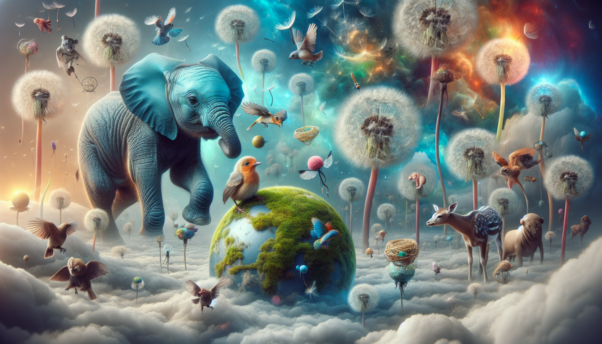 HD desktop wallpaper featuring a whimsical baby animal fantasy scene with an elephant, birds, and various creatures in a dreamy, dandelion-filled landscape.