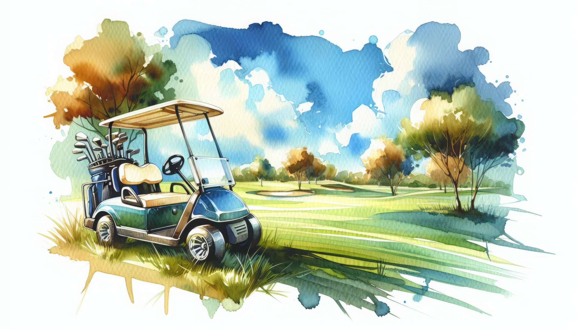 Colorful HD desktop wallpaper featuring a watercolor-style illustration of a golf cart on a vibrant golf course with trees and a blue sky.