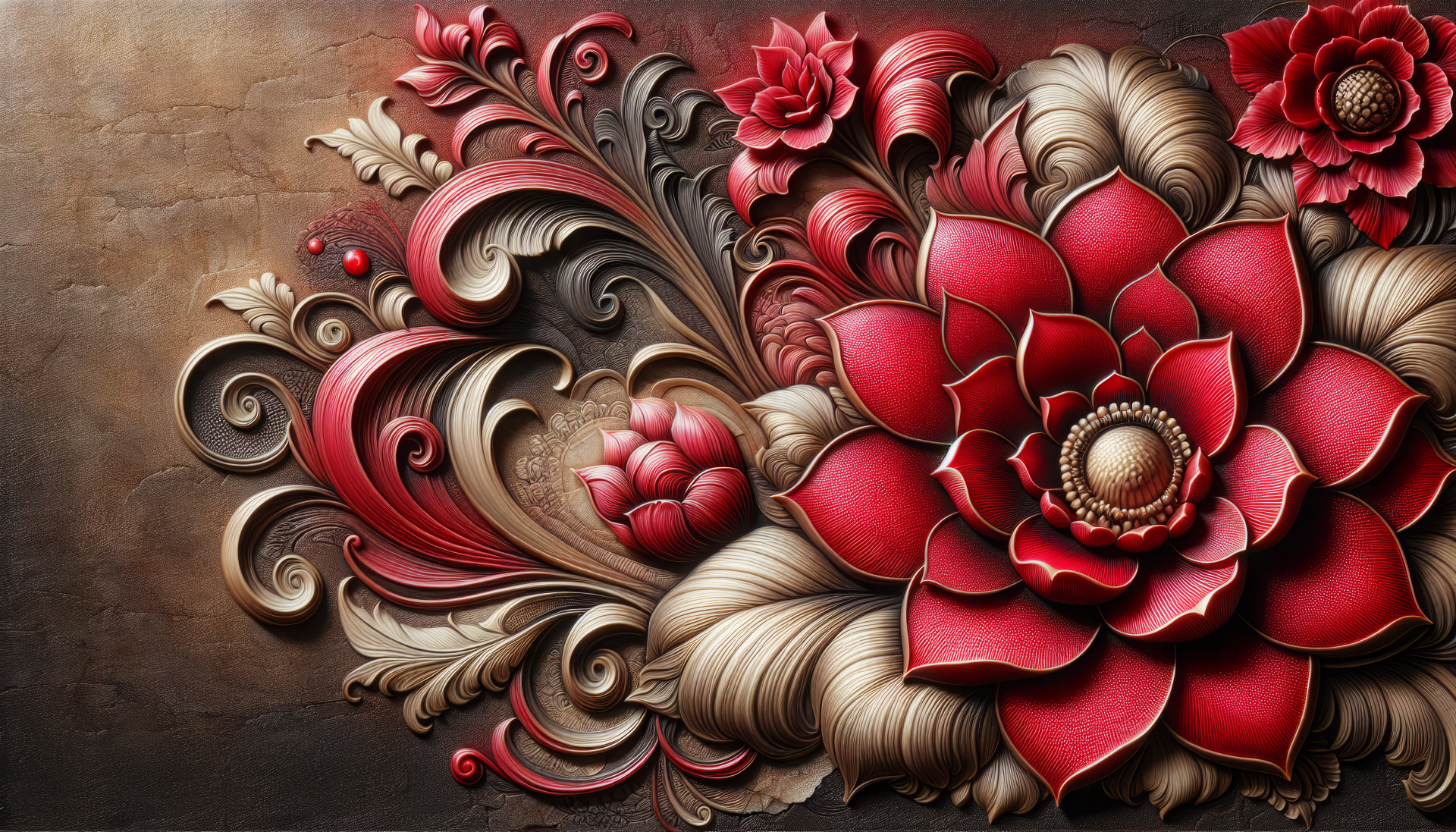 A vibrant red flower design with intricate patterns, set against a textured background, creating a stunning HD desktop wallpaper.
