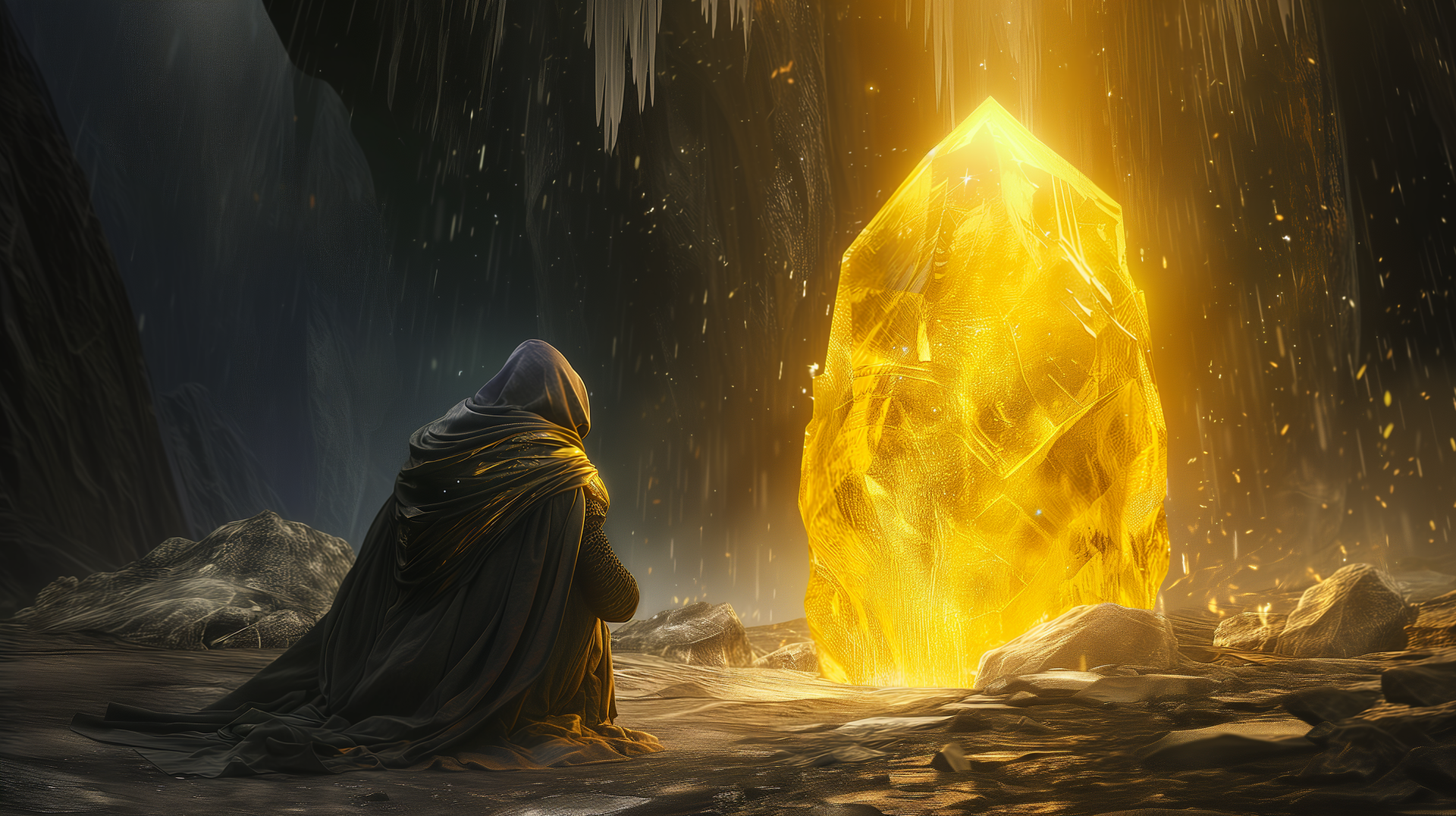 Elden Ring video game HD wallpaper featuring mysterious figure beside glowing golden crystal in a dark cave with stalactites and mystical light.