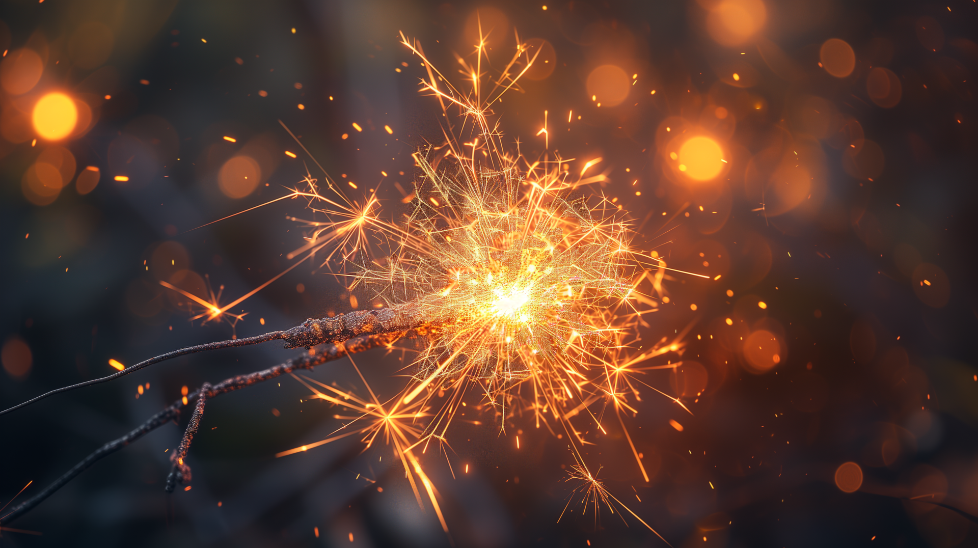 Illuminated sparkler emitting bright sparks against a bokeh background in HD desktop wallpaper.
