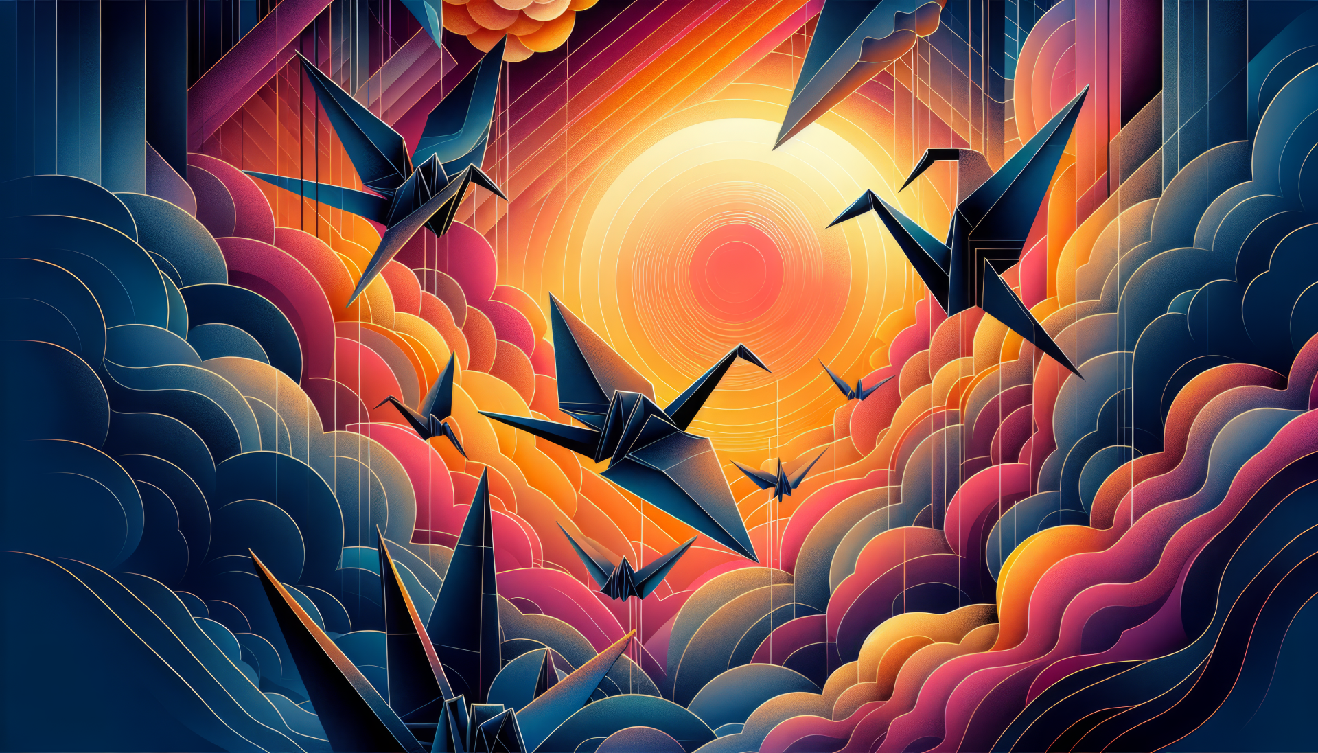HD Wallpaper with origami cranes flying over colorful clouds at sunset for desktop background.