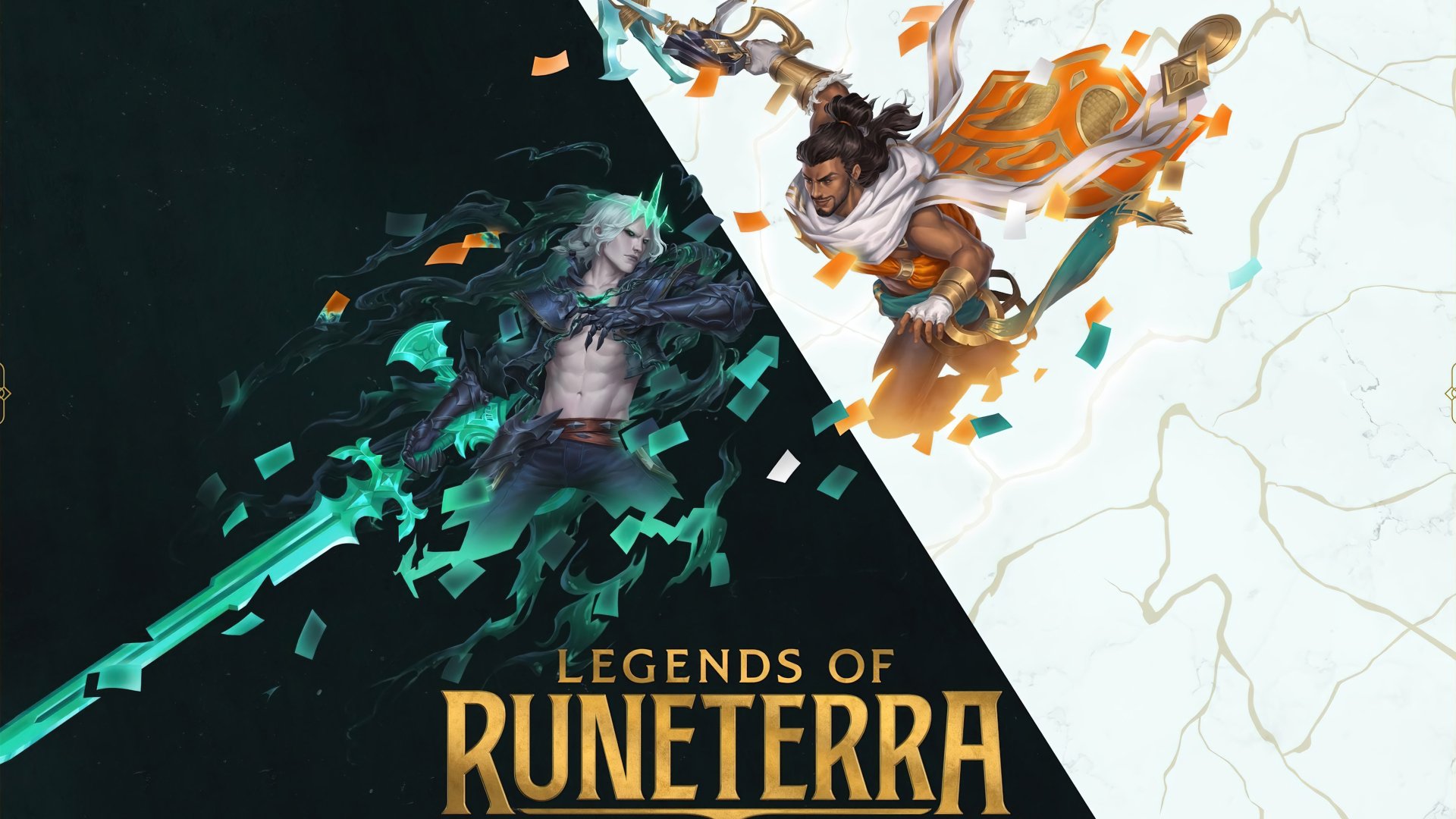 HD desktop wallpaper featuring Viego and Akshan from Legends of Runeterra, set in a dynamic pose with contrasting dark and light backgrounds.