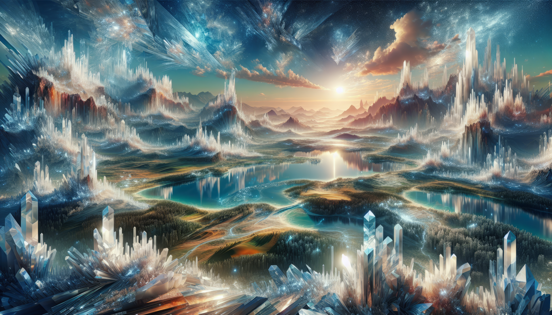 HD fantasy landscape wallpaper with crystal formations and sunset over mountains and rivers for desktop background.