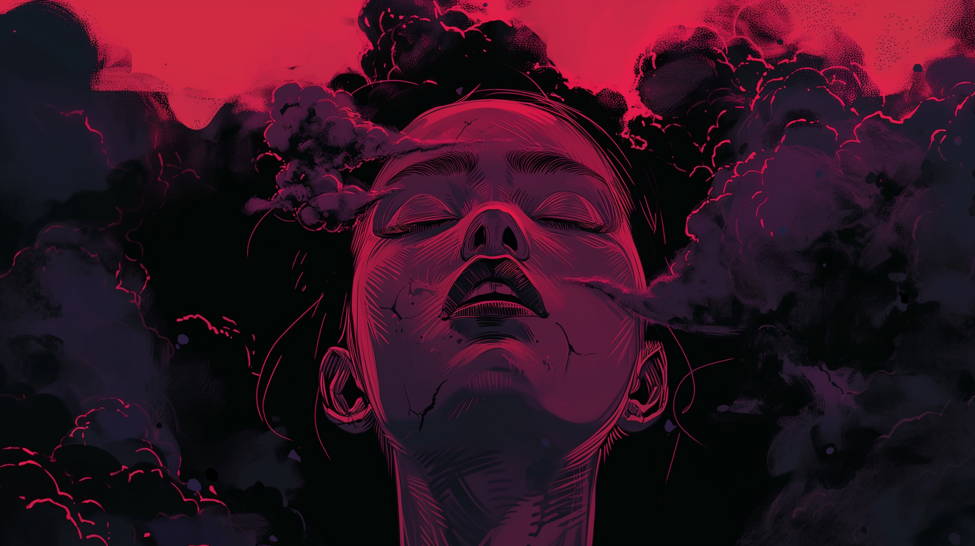 HD desktop wallpaper featuring a dark aesthetic with a stylized illustration of a person in serenity amidst swirling red and black clouds.