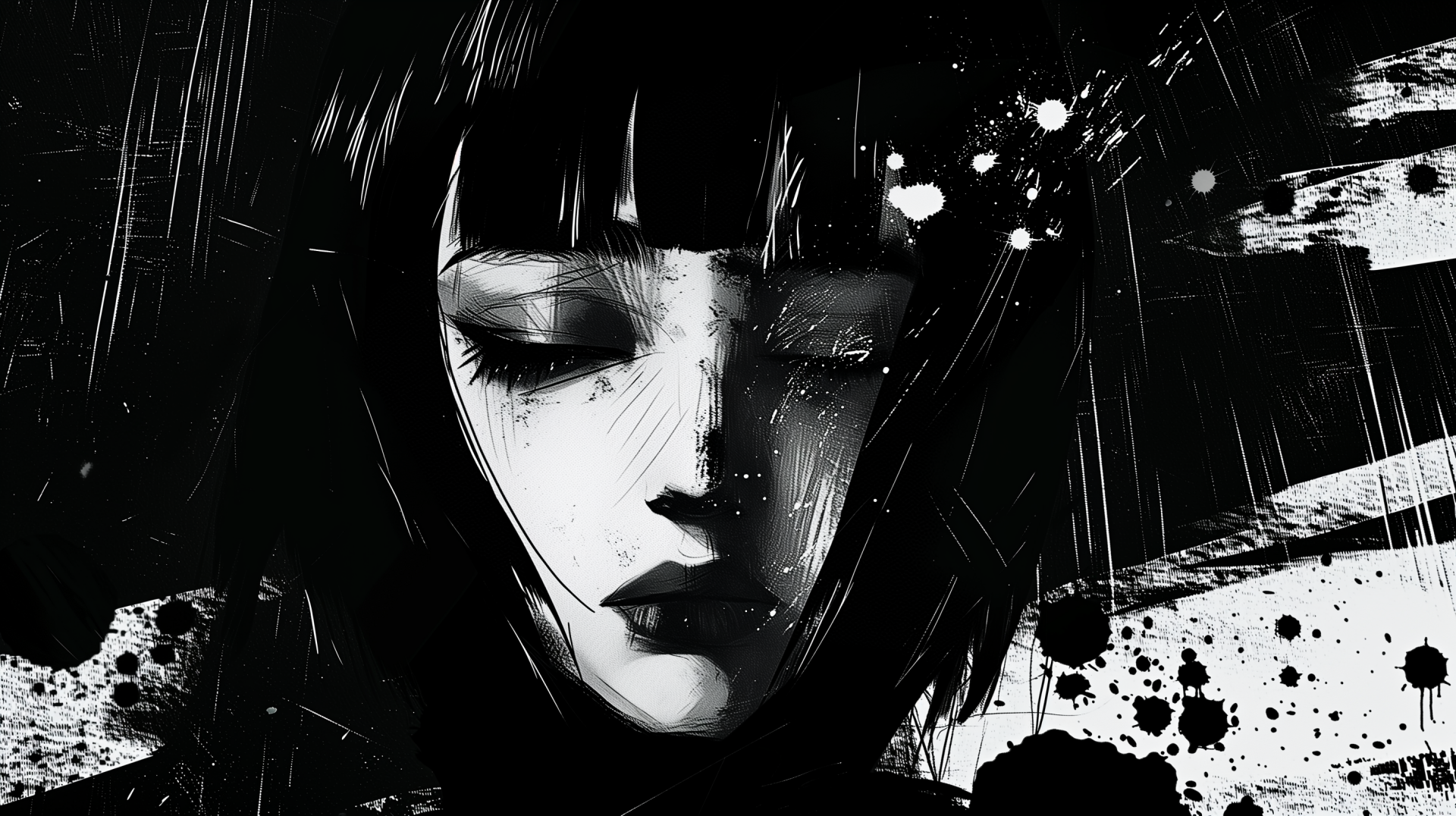 HD desktop wallpaper featuring a dark aesthetic with a stylized monochrome illustration of a mysterious female figure.