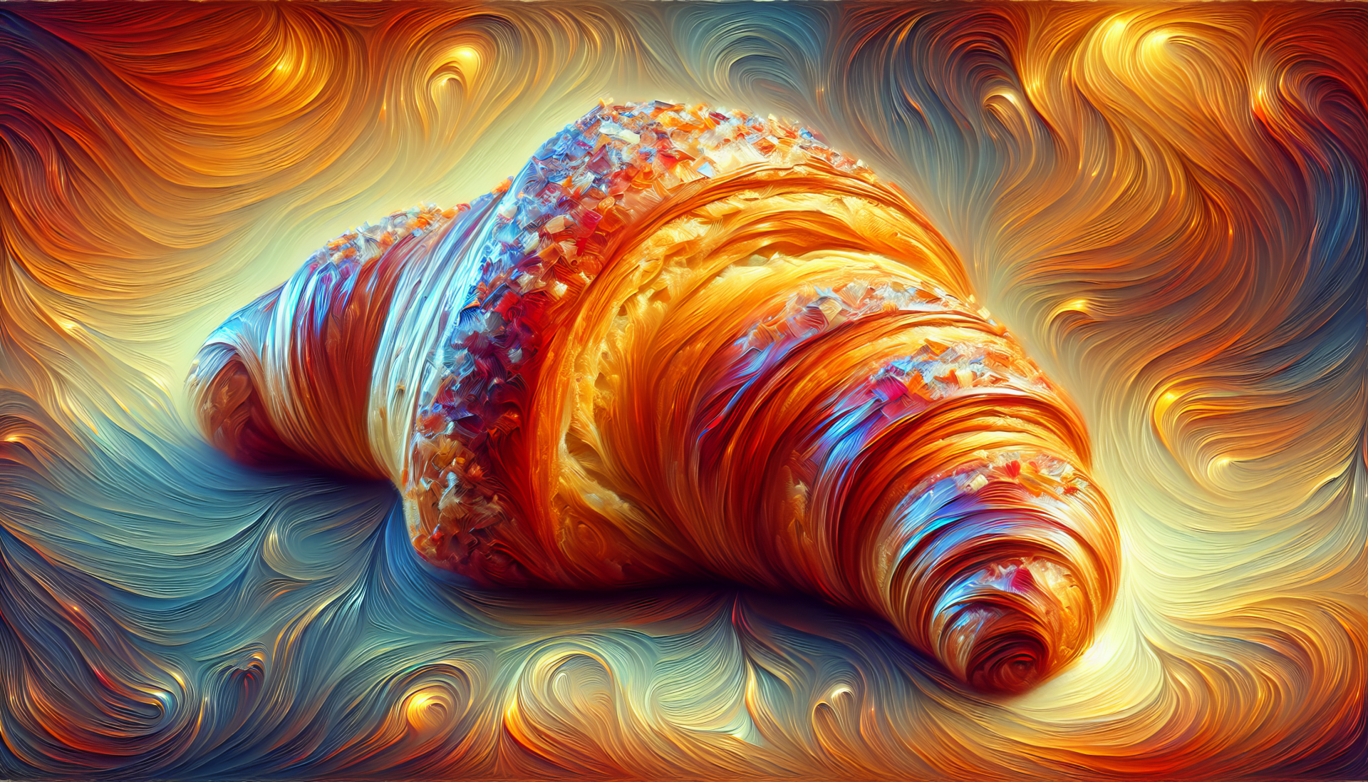 A vibrant HD desktop wallpaper featuring a beautifully crafted croissant, showcasing intricate swirls of color and texture against a luminous background.
