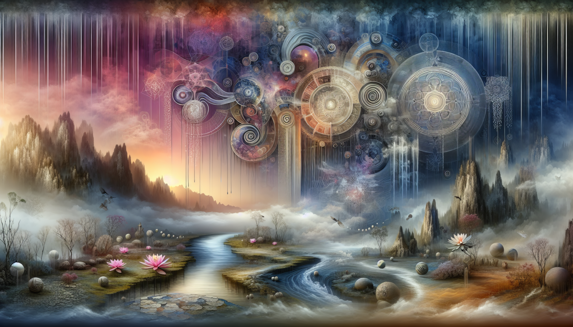 HD wallpaper featuring a mystical landscape with celestial gears, waterfalls, and a river flowing through a forest at sunset.