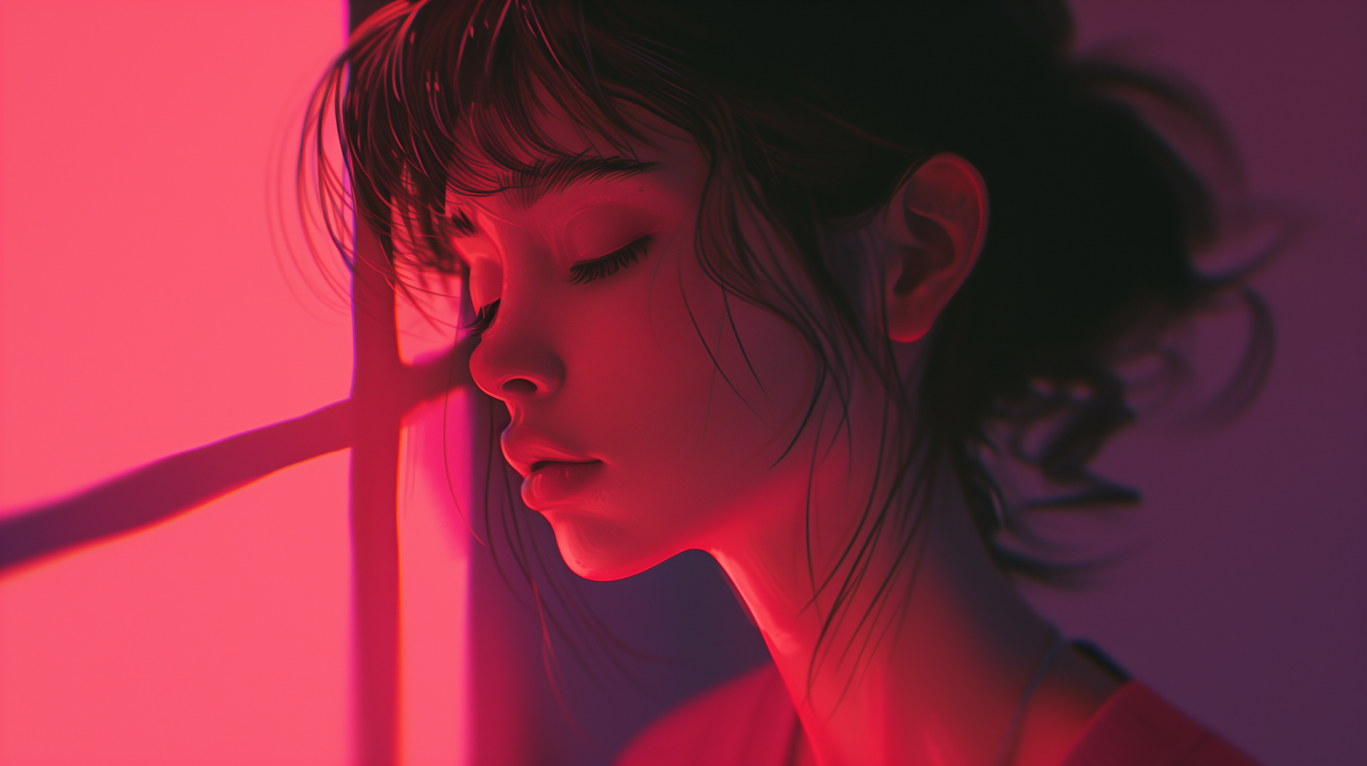 HD wallpaper featuring a sad lofi girl in a red-hued room, with a moody and contemplative vibe.