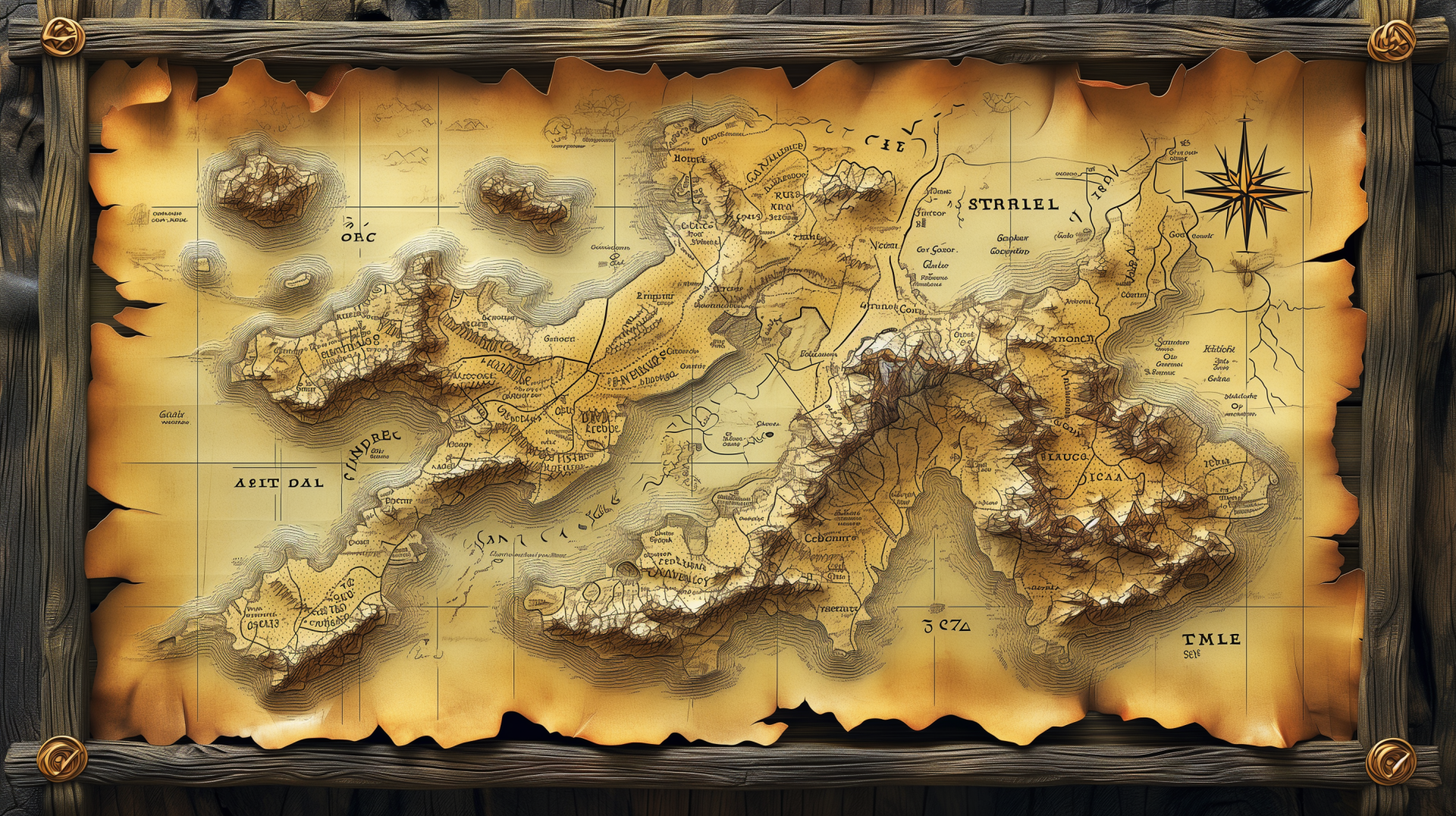 A detailed treasure map with rugged terrain and compass rose, showcased as an HD desktop wallpaper, featuring rich textures and an antique, adventurous feel.