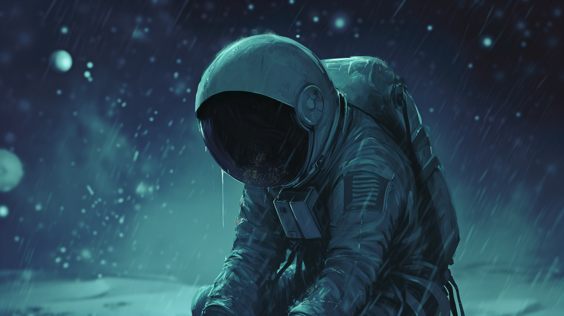 A sad astronaut kneels in a desolate, snow-covered landscape, evoking feelings of isolation and longing. This HD desktop wallpaper captures a poignant moment in space.