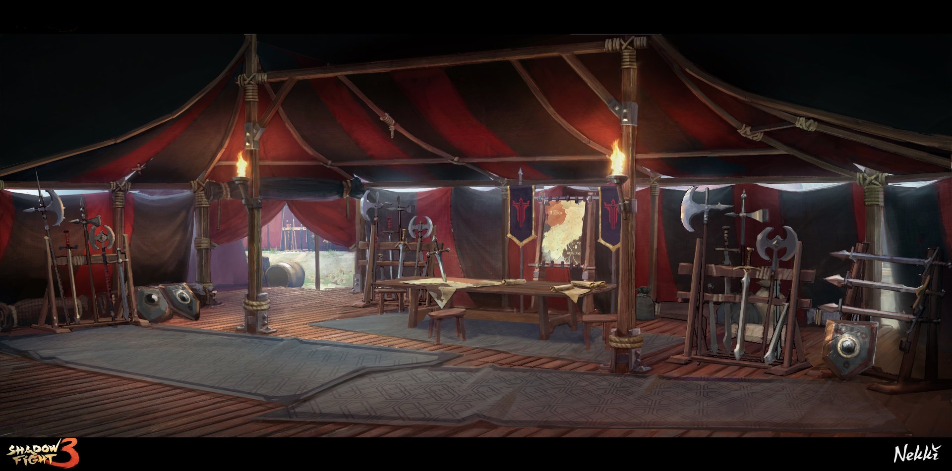 HD wallpaper featuring a detailed scene from the video game Shadow Fight 3, with an atmospheric view inside a warrior's tent filled with armor and weapons.