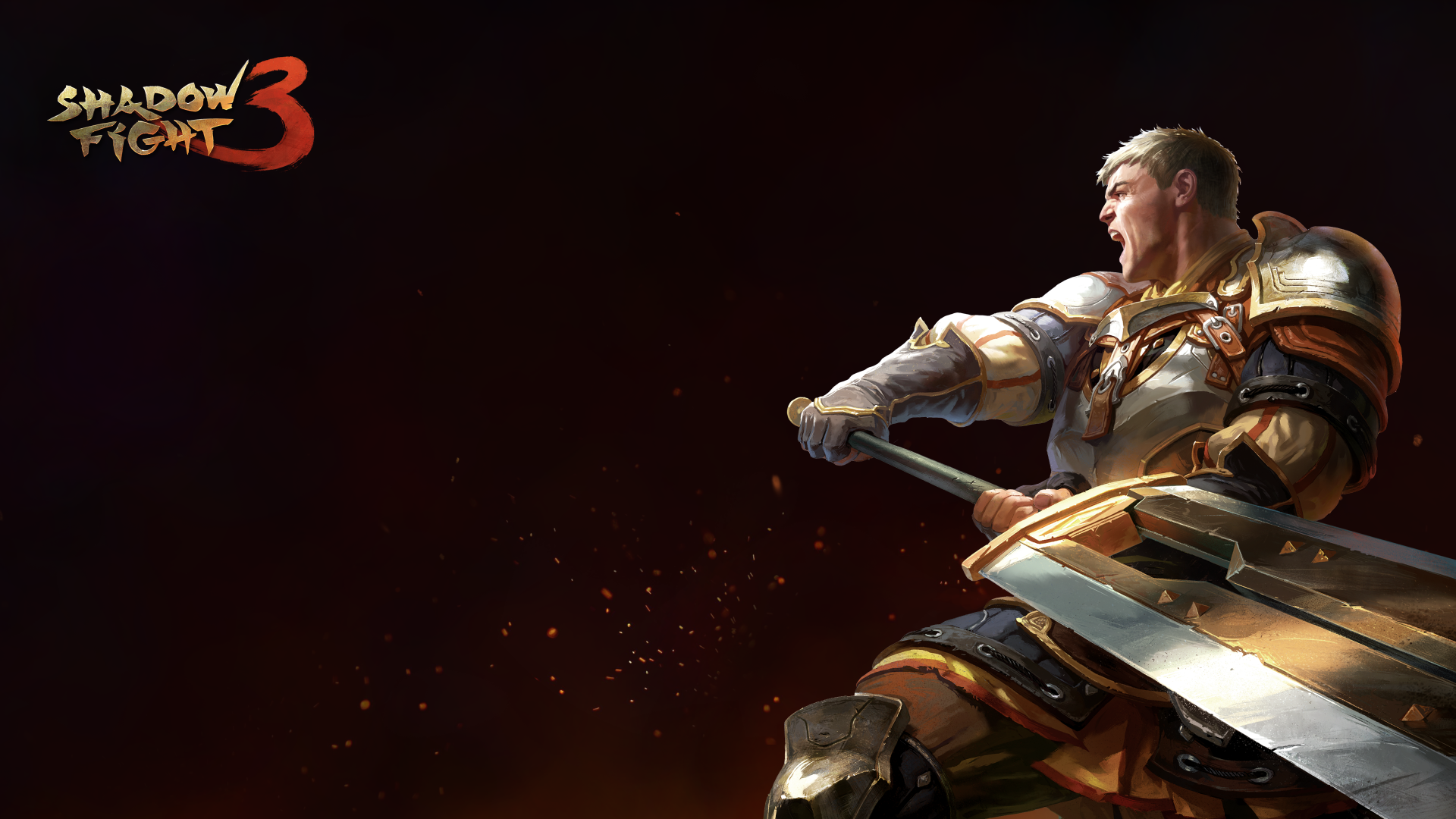 HD desktop wallpaper featuring a warrior character from Shadow Fight 3 video game with logo.