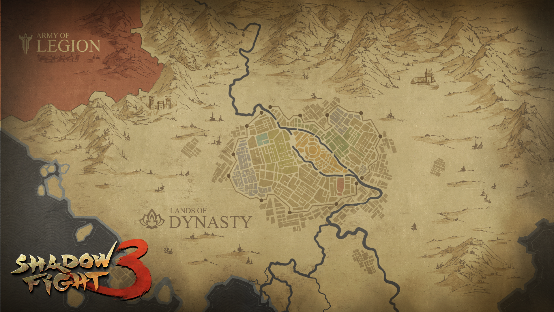 HD desktop wallpaper of Shadow Fight 3 video game map, featuring the Lands of Dynasty and the Army of Legion.
