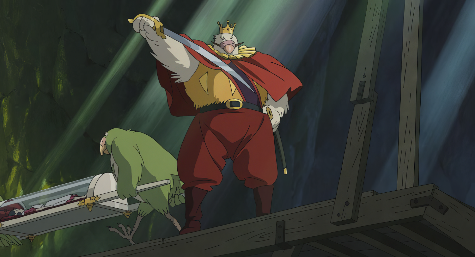 Anime scene depicting 'The Boy and the Heron' as an HD wallpaper with a regal character and bird in a forest setting.