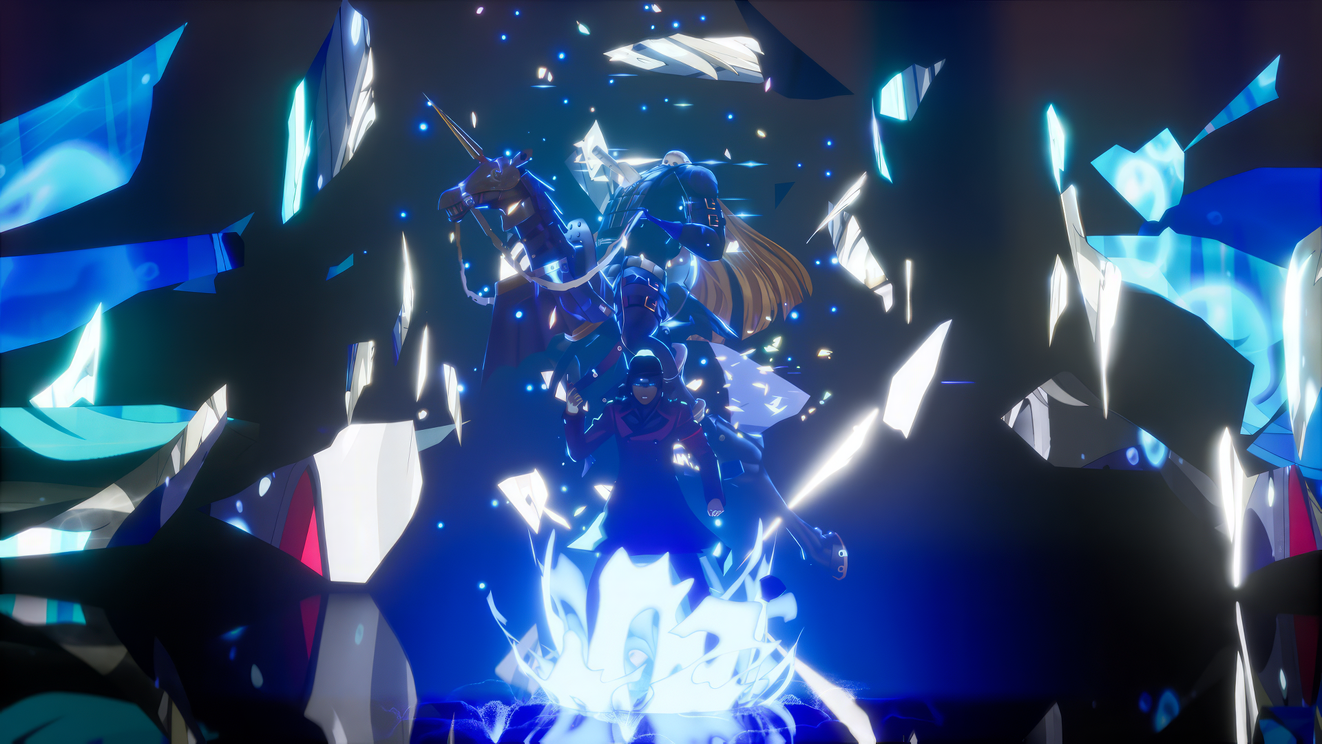 HD wallpaper featuring dynamic Persona 3 Reload video game scene with a character summoning power amidst shards of light.