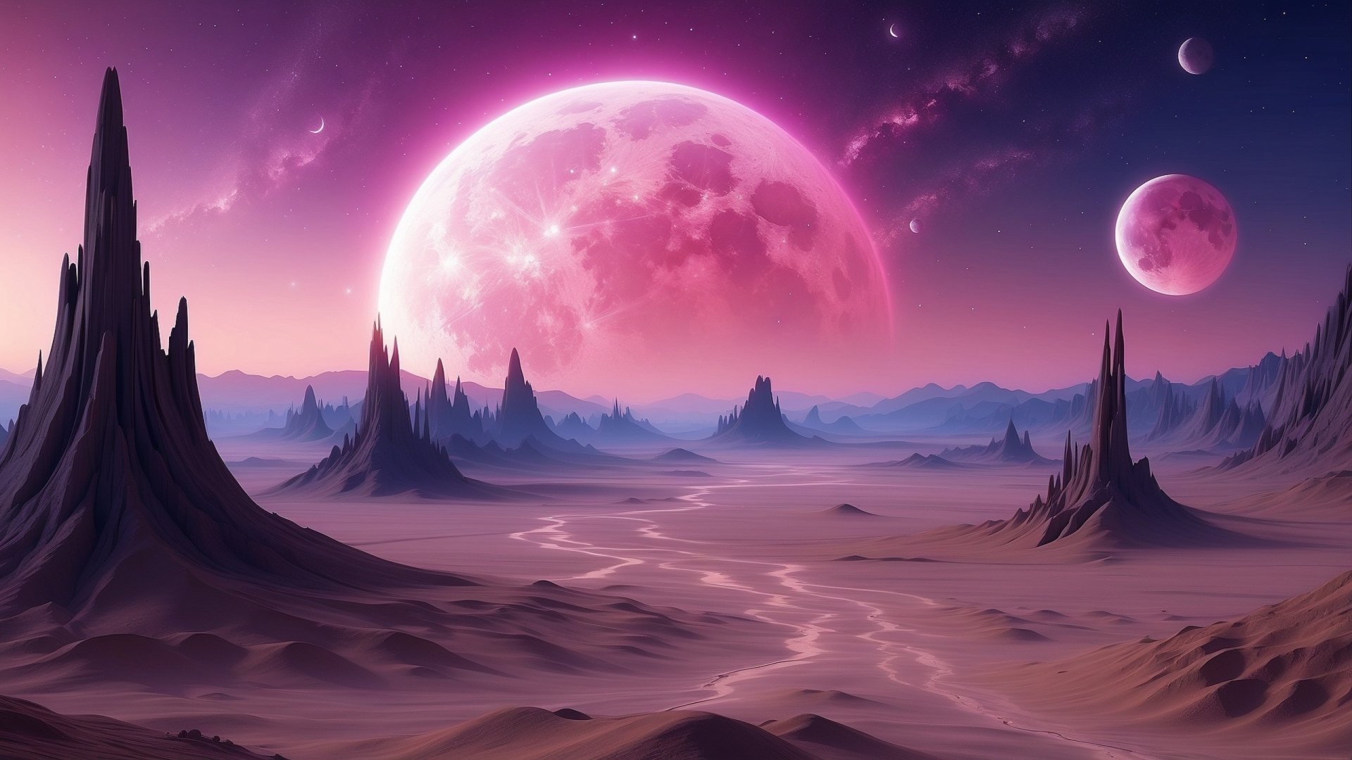 HD PC desktop wallpaper showcasing an alien planet landscape with towering spires, a vast barren ground, and a vibrant sky featuring a large glowing moon and smaller celestial body.