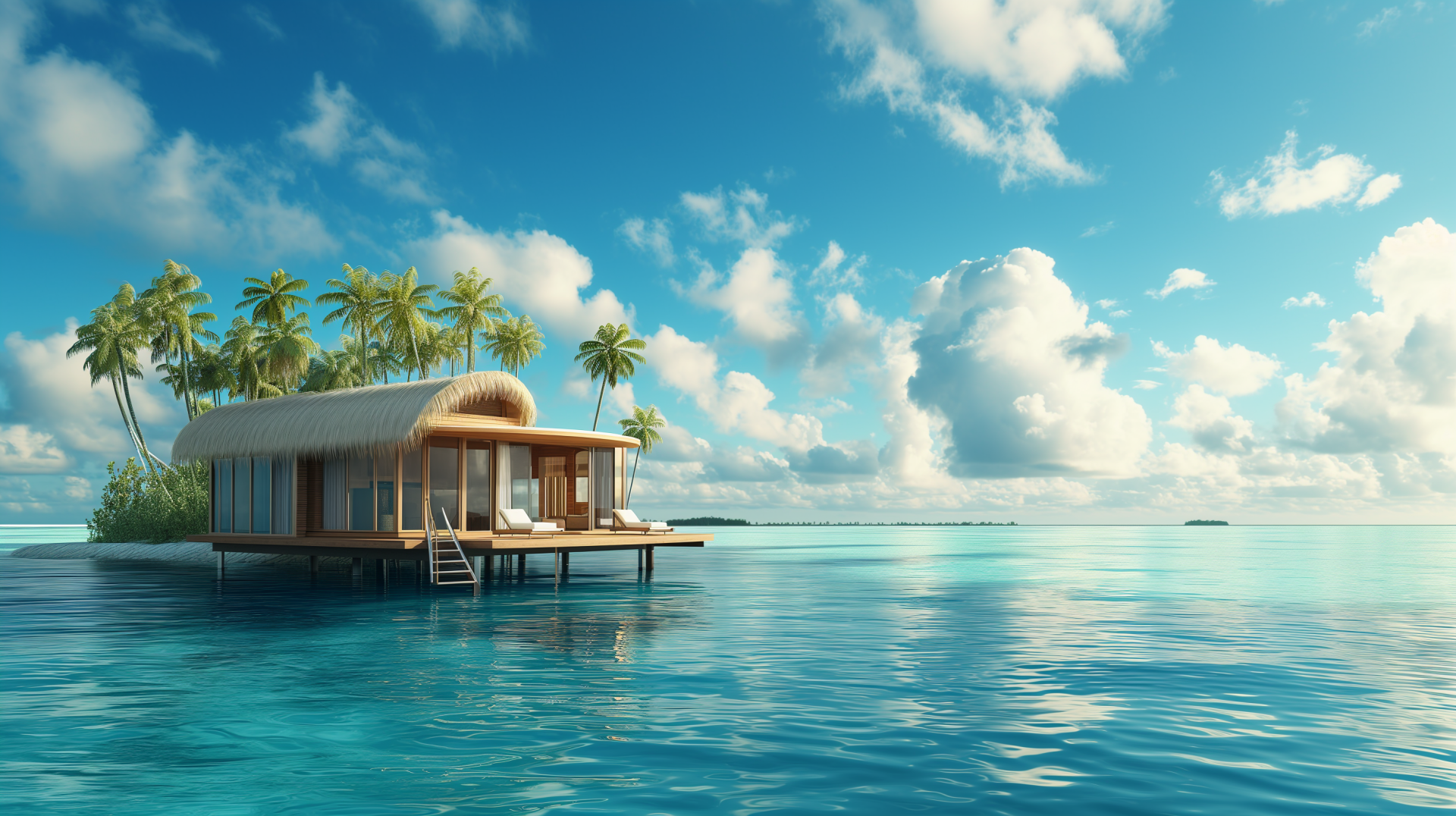 HD wallpaper of a serene overwater bungalow surrounded by palm trees in a dreamy tropical vacation setting.