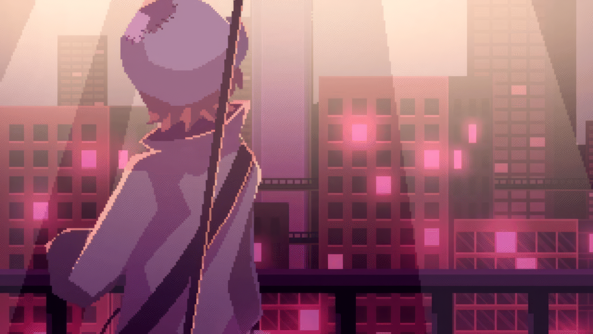HD desktop wallpaper of a OneShot video game scene featuring a character silhouette against a pink-hued pixelated cityscape background.