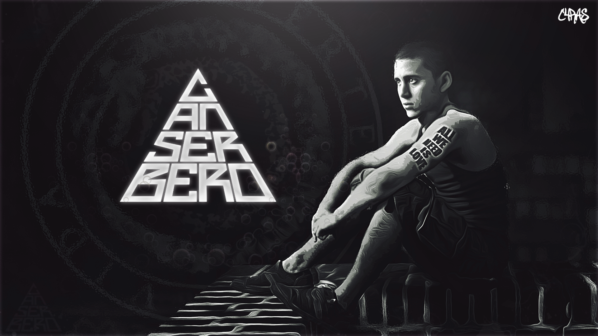 HD Hip Hop themed desktop wallpaper featuring an artistic representation of a man sitting with the Canserbero logo in the background.