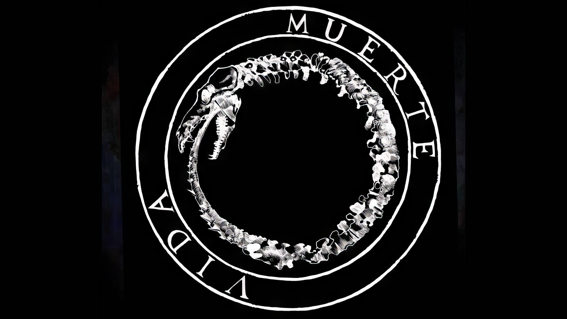 Alt Text: HD desktop wallpaper featuring a stylized ouroboros with the word 'MUERTE' above and 'VIDA' below within a circle, associated with music artist Canserbero, on a black background.